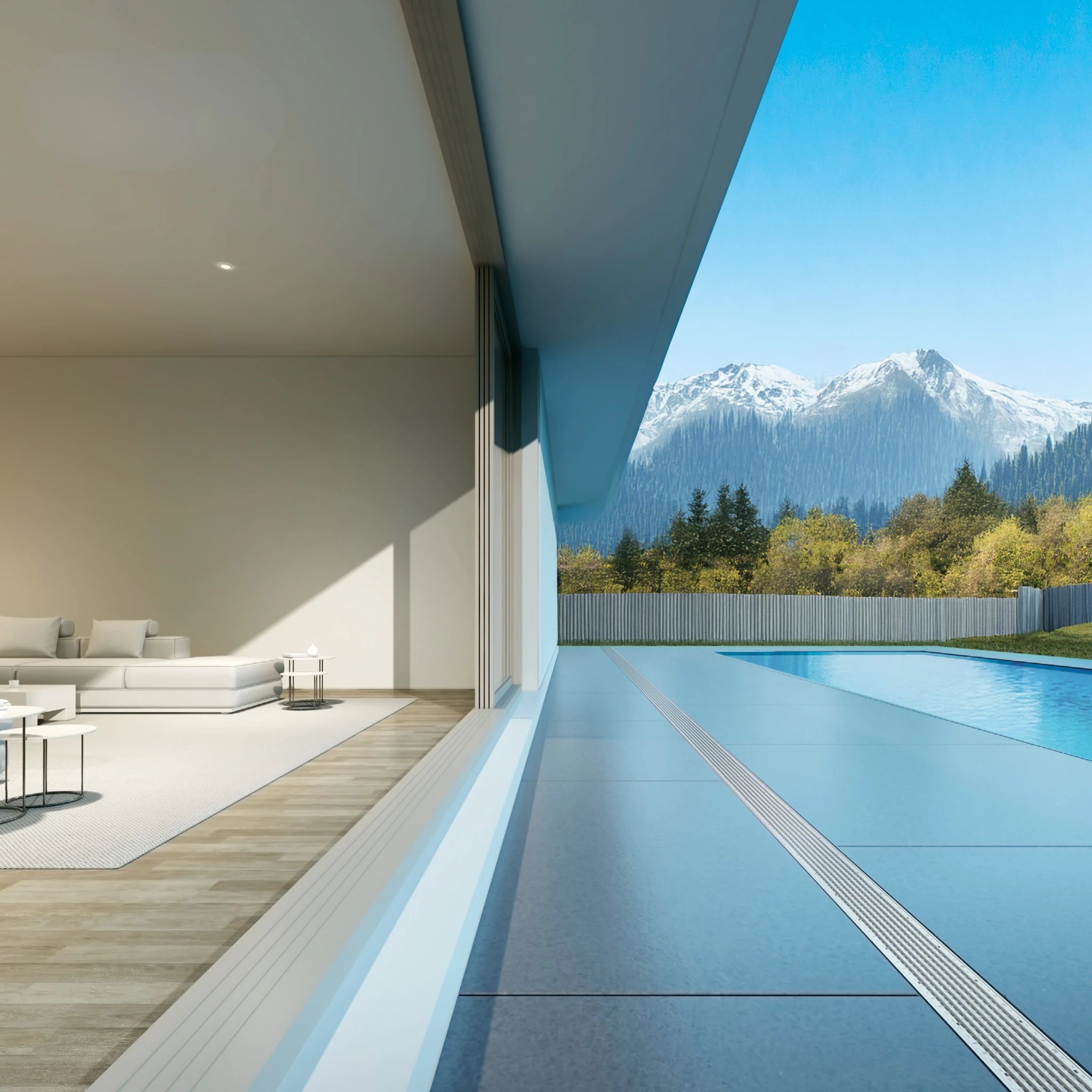 Caniveau de drainage DECOSTONE intégré dans une terrasse moderne – solution esthétique et efficace pour l’évacuation des eaux pluviales en aménagement extérieur.