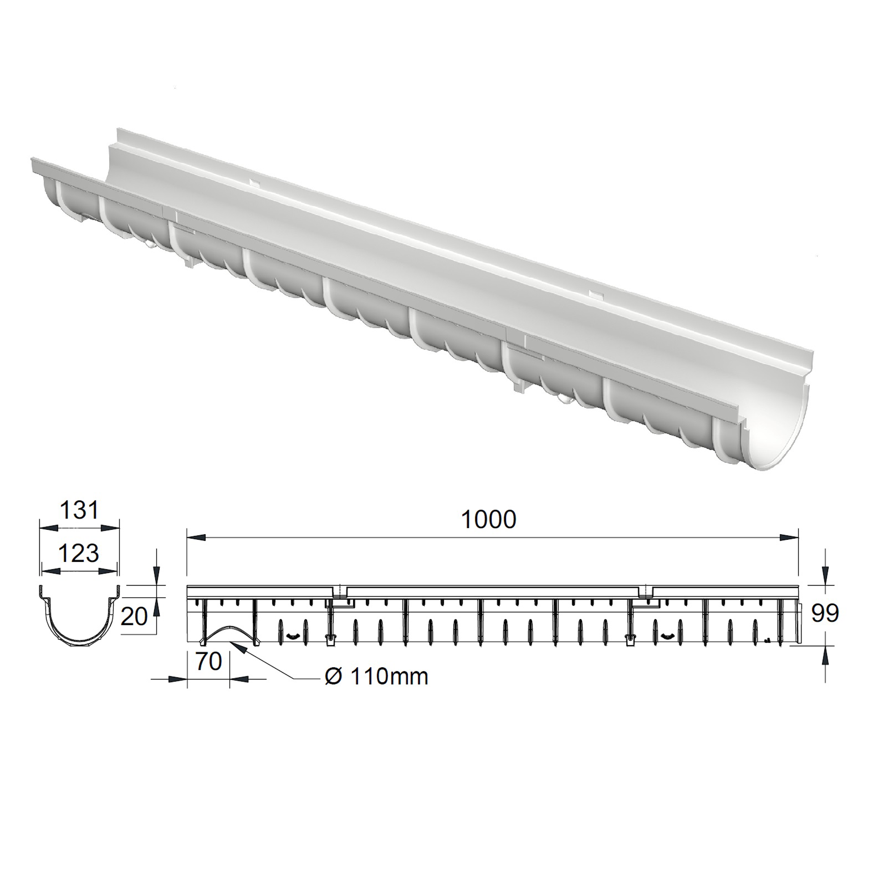 Caniveau design en SMC DECOLINE avec grille longitudinale en plastique recyclé grise. Classe de charge A15, norme PMR - Résiste au gel, au sel et produits chimiques. Adapté pour terrasse, jardin, entre de bâtiment et piscine.