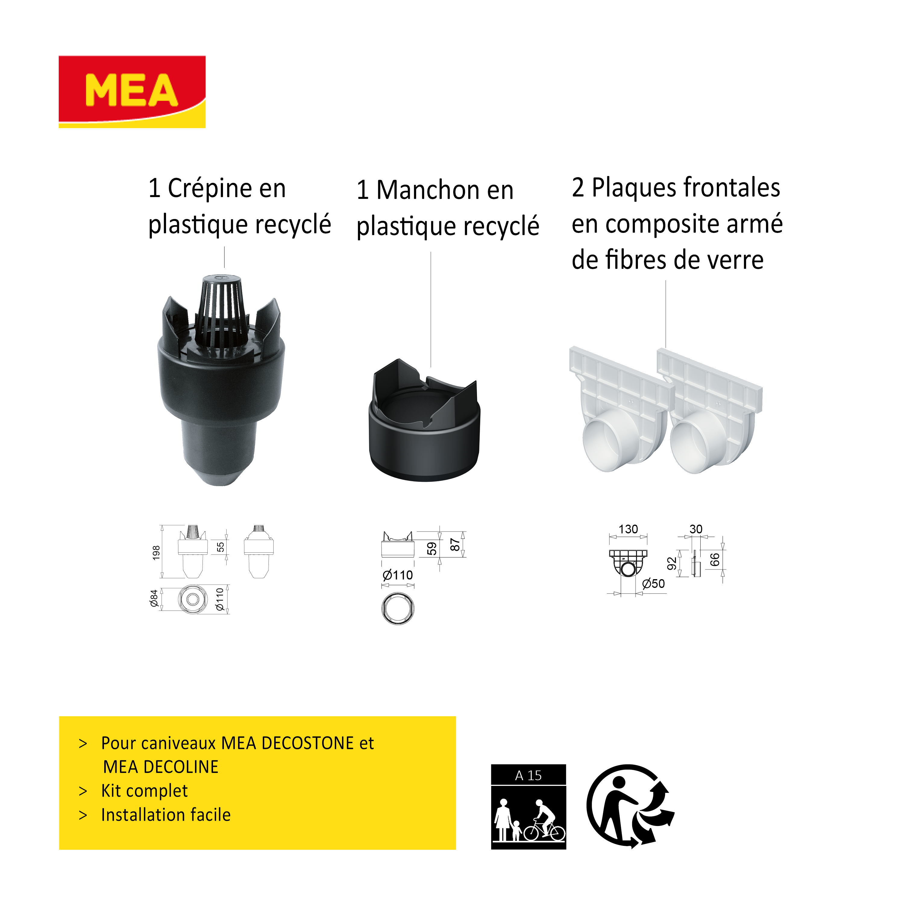 Kit complet d'accessoires pour caniveau décoratif DECOSTONE comprenant 1 crépine et 1 manchon en plastique recyclé et 2 plaques frontales en SMC.