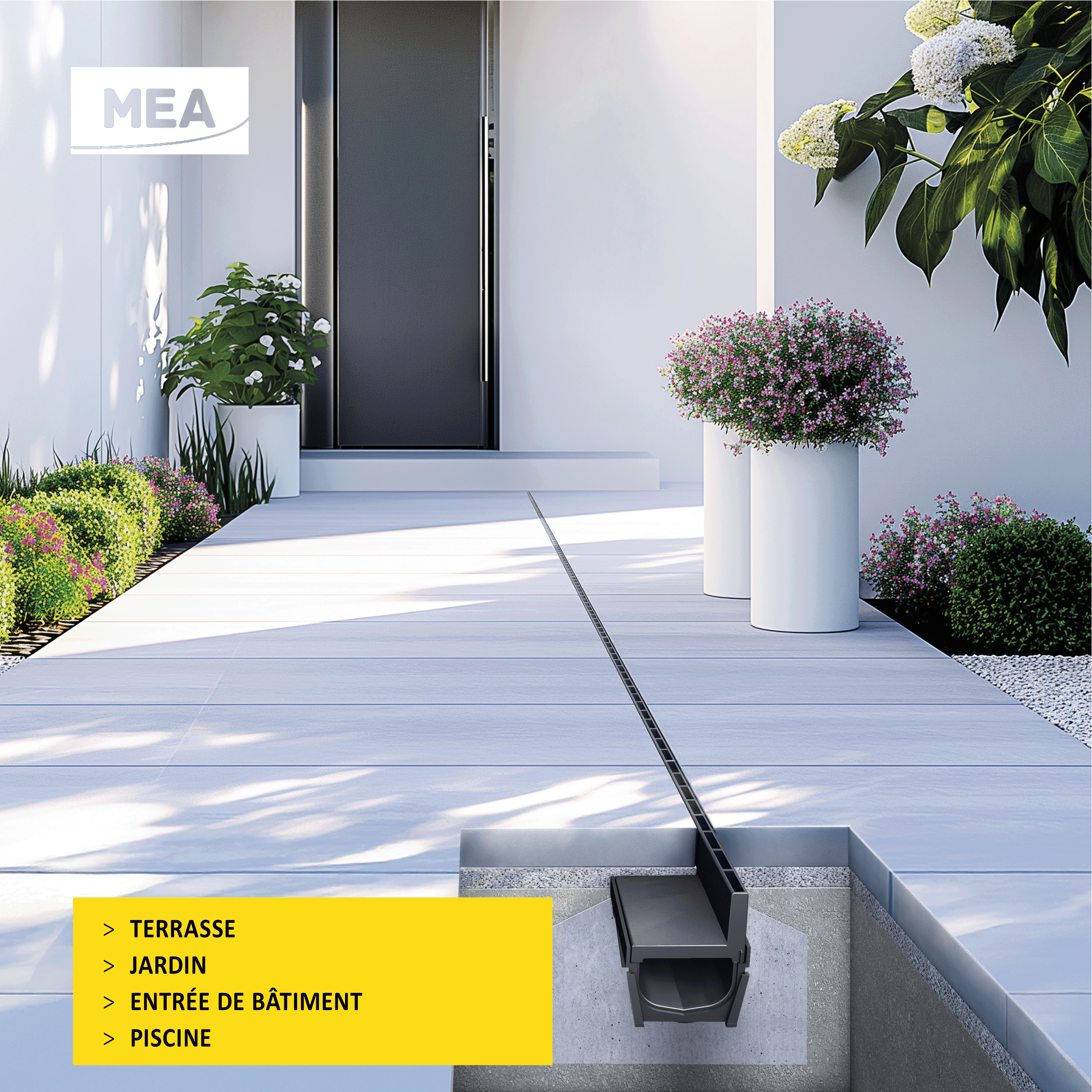 Caniveau discret MEAPARK en plastique recyclé avec fente TSC en polypropylène - Classe de charge A15 - Norme PMR - Facile à poser. Adapté pour terrasse, jardin, entrée de bâtiment et piscine.