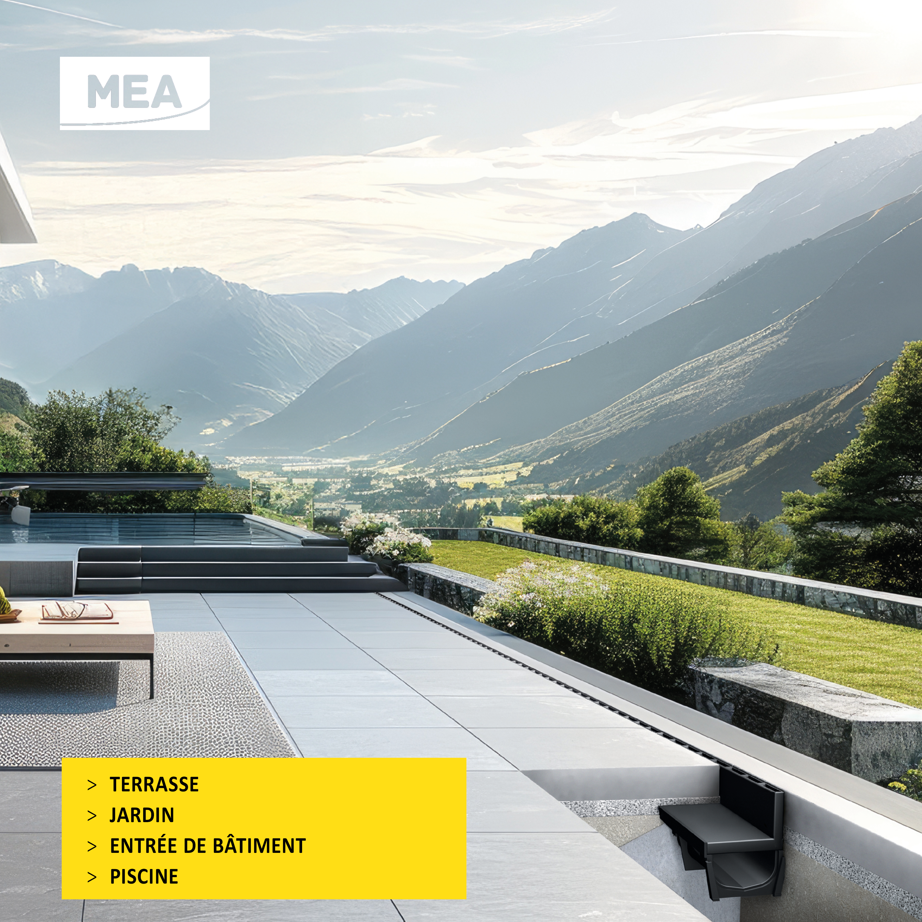 Caniveau discret MEAPARK en plastique recyclé avec fente TSC en polypropylène - Classe de charge A15 - Norme PMR - Facile à poser. Adapté pour terrasse, jardin, entrée de bâtiment et piscine.
