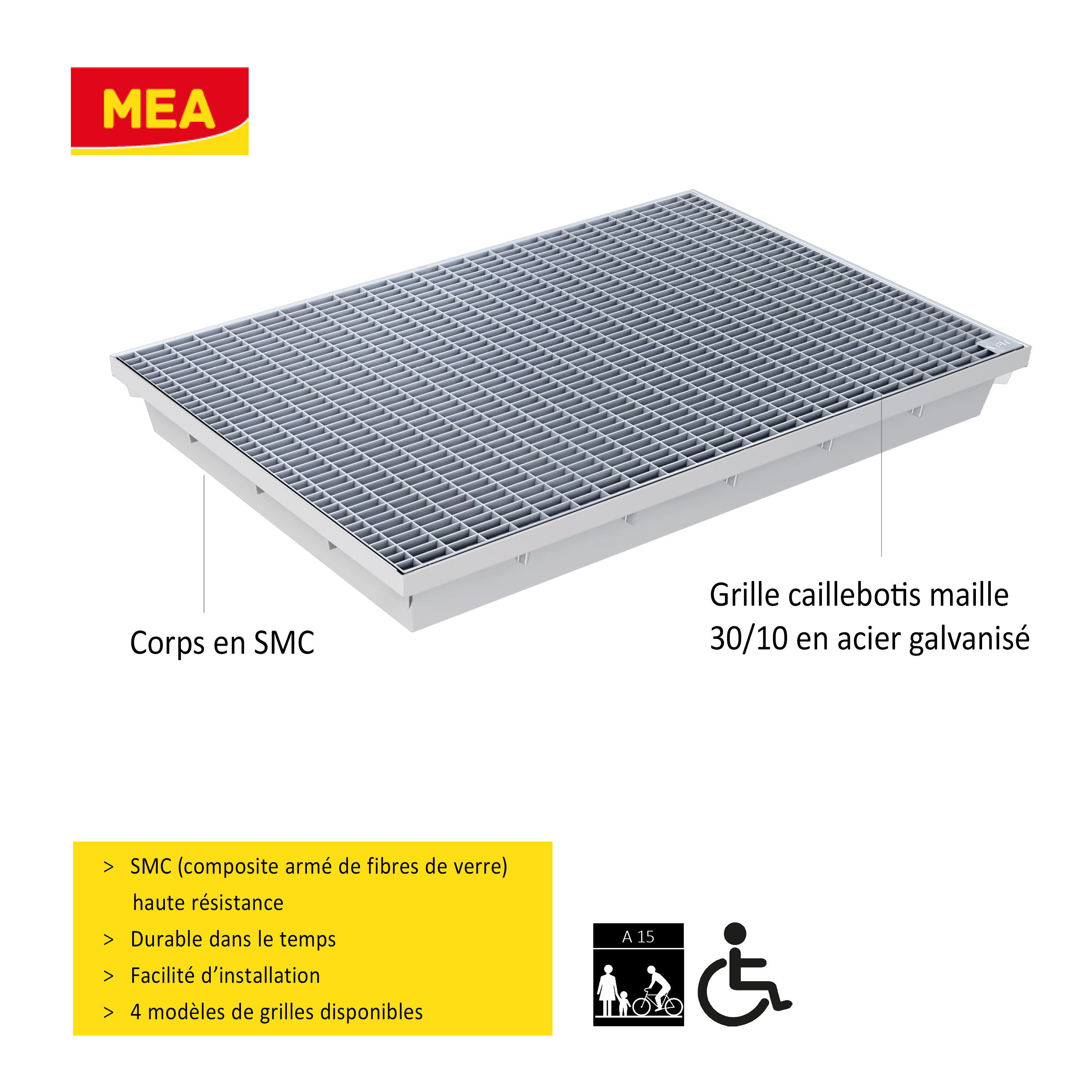 Paillassons encastrables en SMC avec grille caillebotis M30/10 – solutions robustes et esthétiques pour entrées propres, adaptées aux environnements à fort passage. Norme PMR - classe de charge A15.