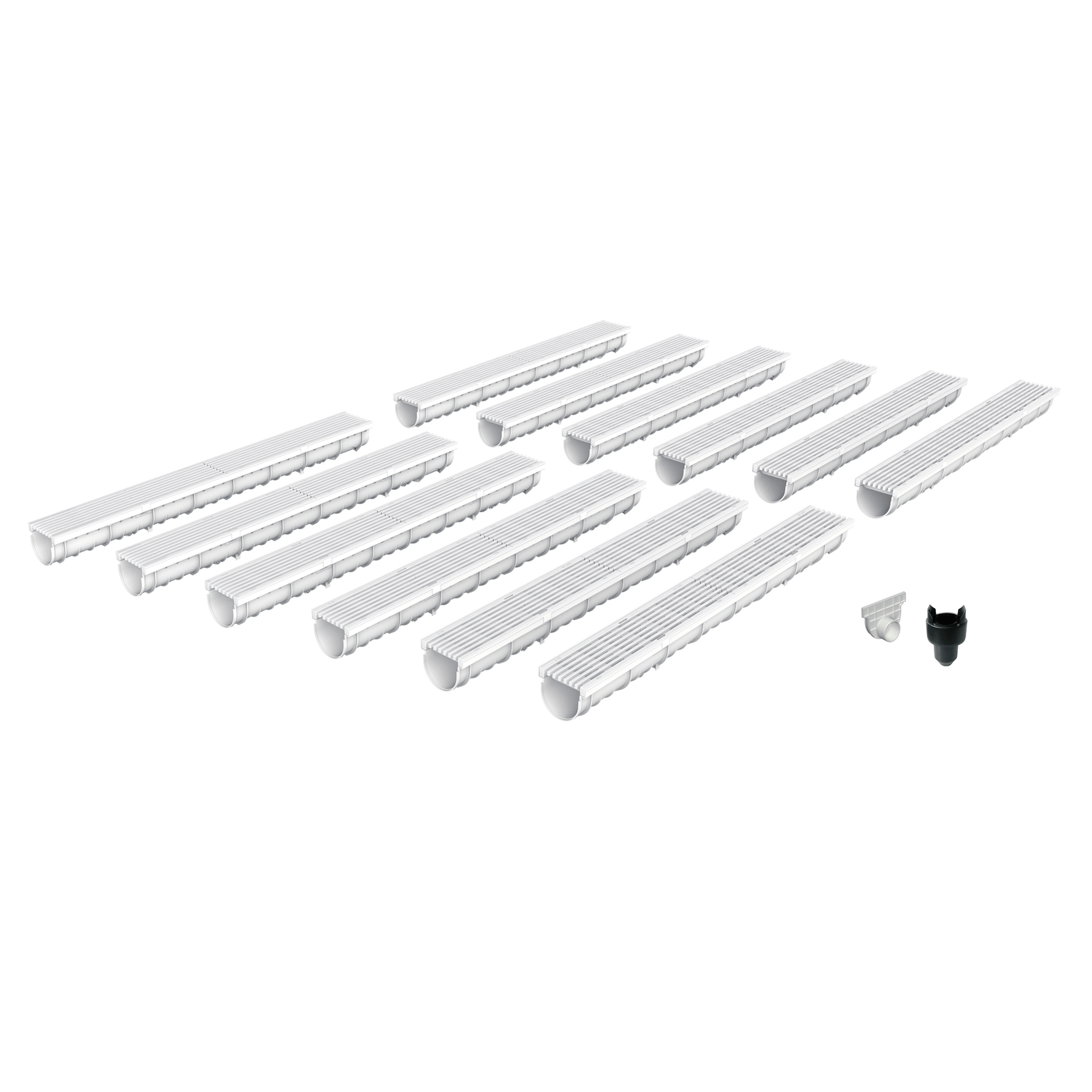 Pack de 12 caniveaux design en SMC DECOLINE avec grille longitudinale en plastique recyclé grise. Classe de charge A15, norme PMR. Adaptés aux environnements avec couvertures de sols clairs - Résiste au gel, au sel et produits chimiques.