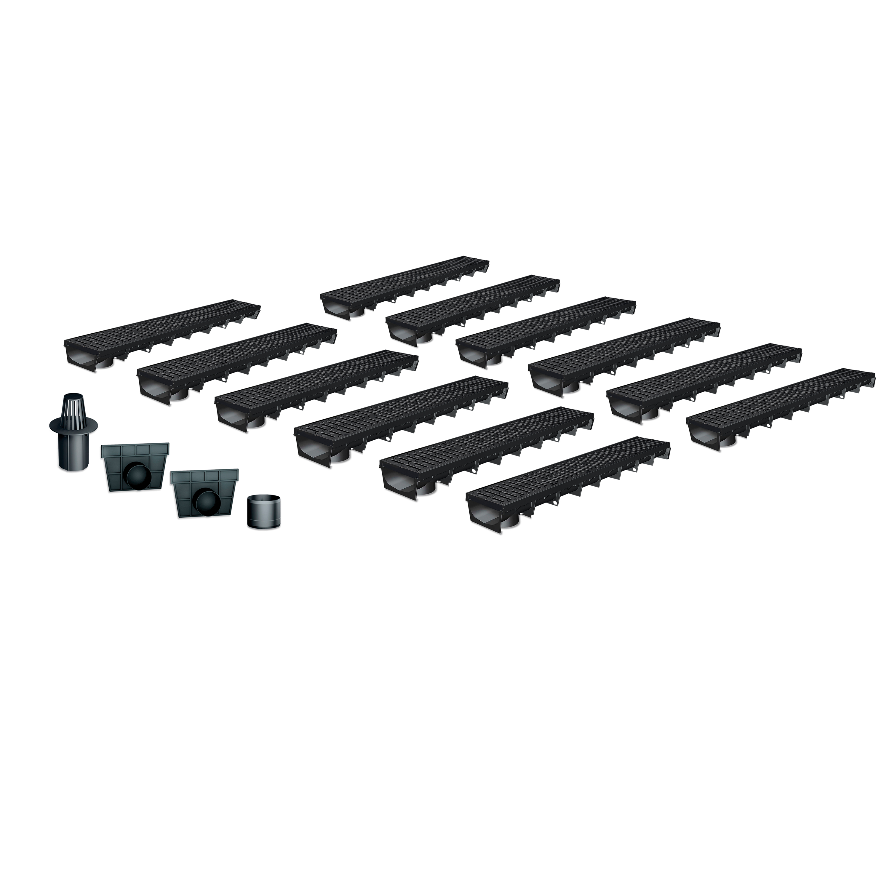 Pack de 12 caniveaux MEAPARK en plastique recyclé avec grille polyamide de classe de charge B125 - design et discret - norme PMR - Adaptés pour terrasse, jardin, entrée de garage, entrée de bâtiment, parking et zone urbaine.