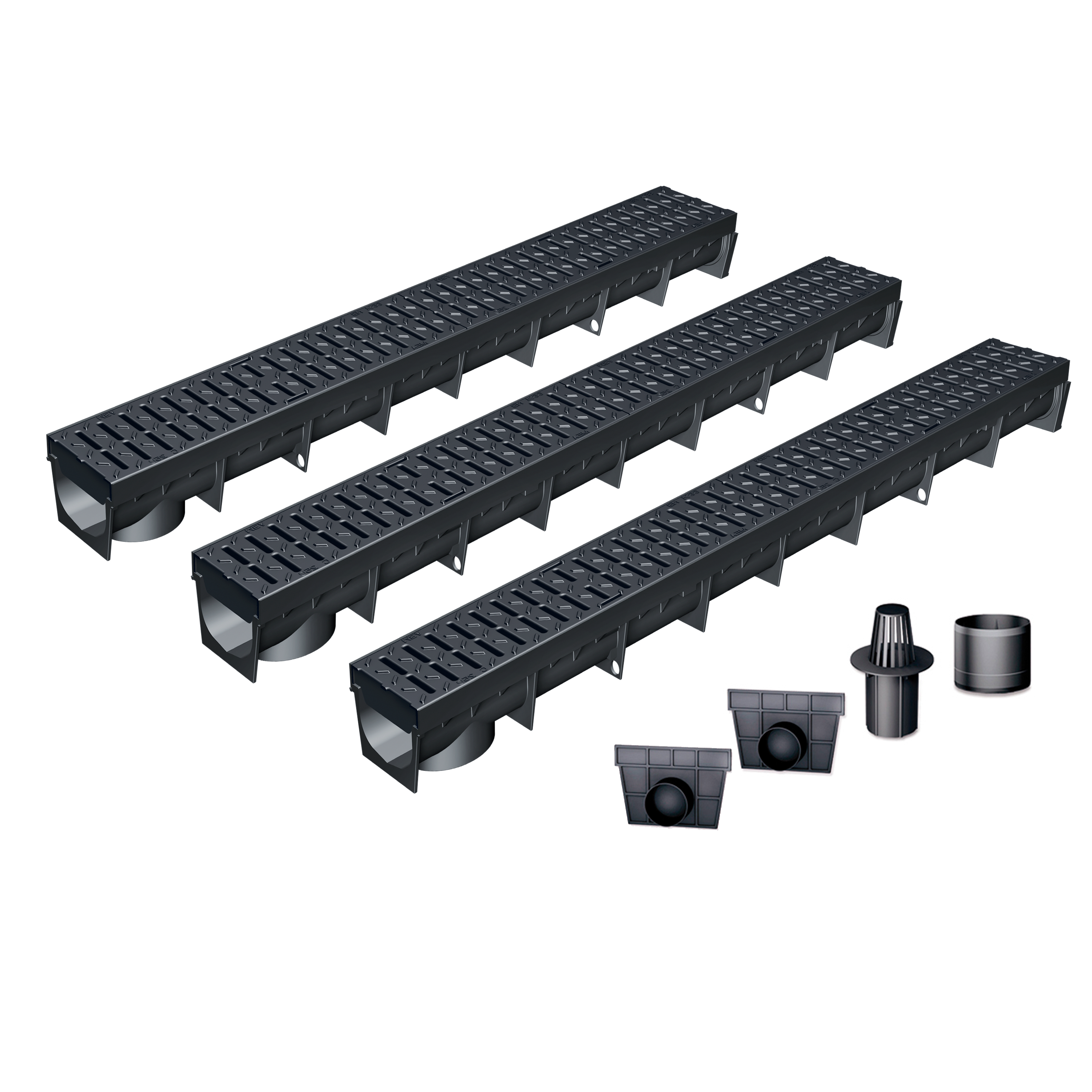 Pack de 3 caniveaux MEAPARK en plastique recyclé avec grille polyamide de classe de charge B125 - design et discret - norme PMR - Adaptés pour terrasse, jardin, entrée de garage, entrée de bâtiment, parking et zone urbaine.