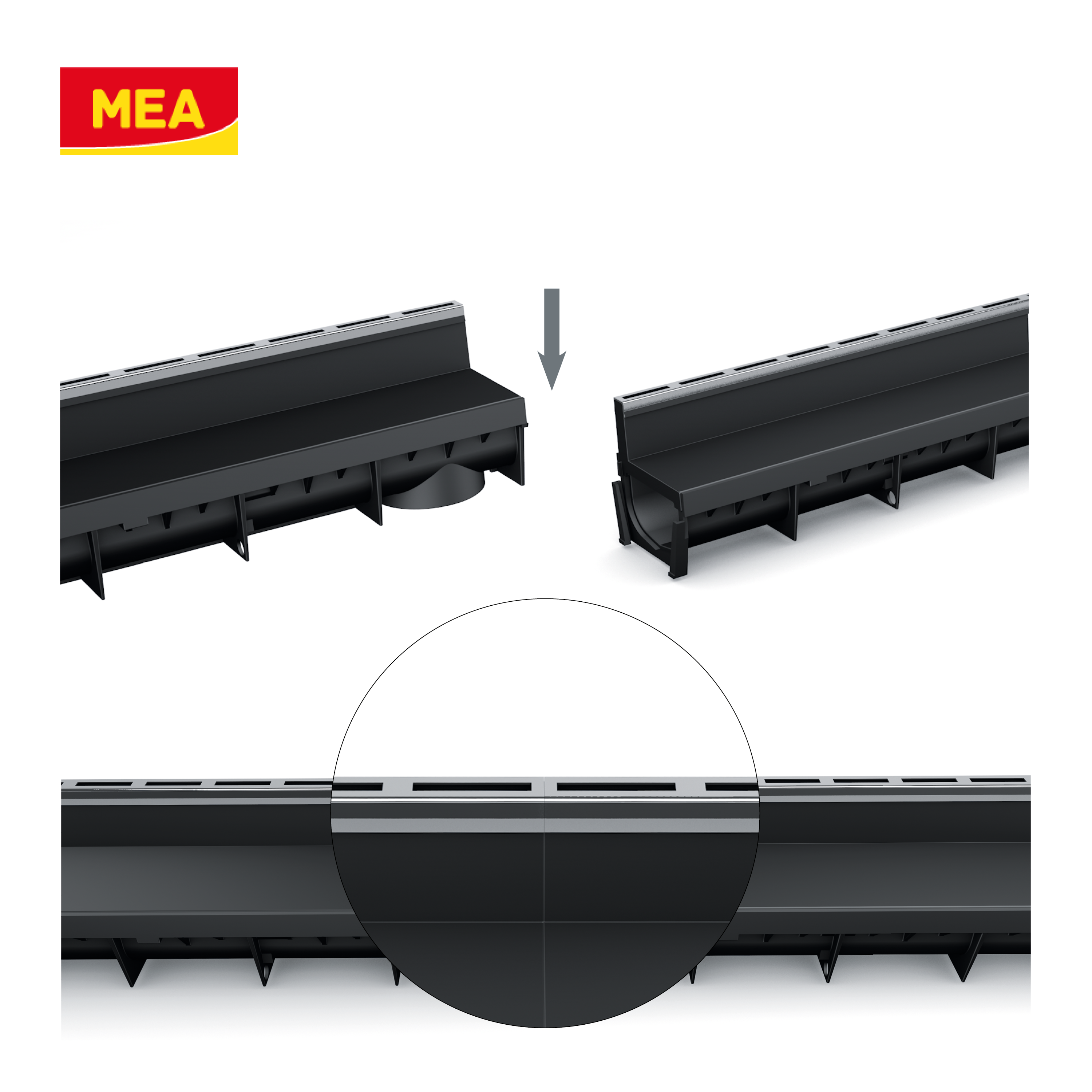 Caniveau discret MEAPARK en plastique recyclé avec fente en polypropylène et profil inox 304 Eblade S - Classe de charge A15 - Norme PMR - Facile à poser. Adapté pour terrasse, jardin, entrée de bâtiment et piscine.