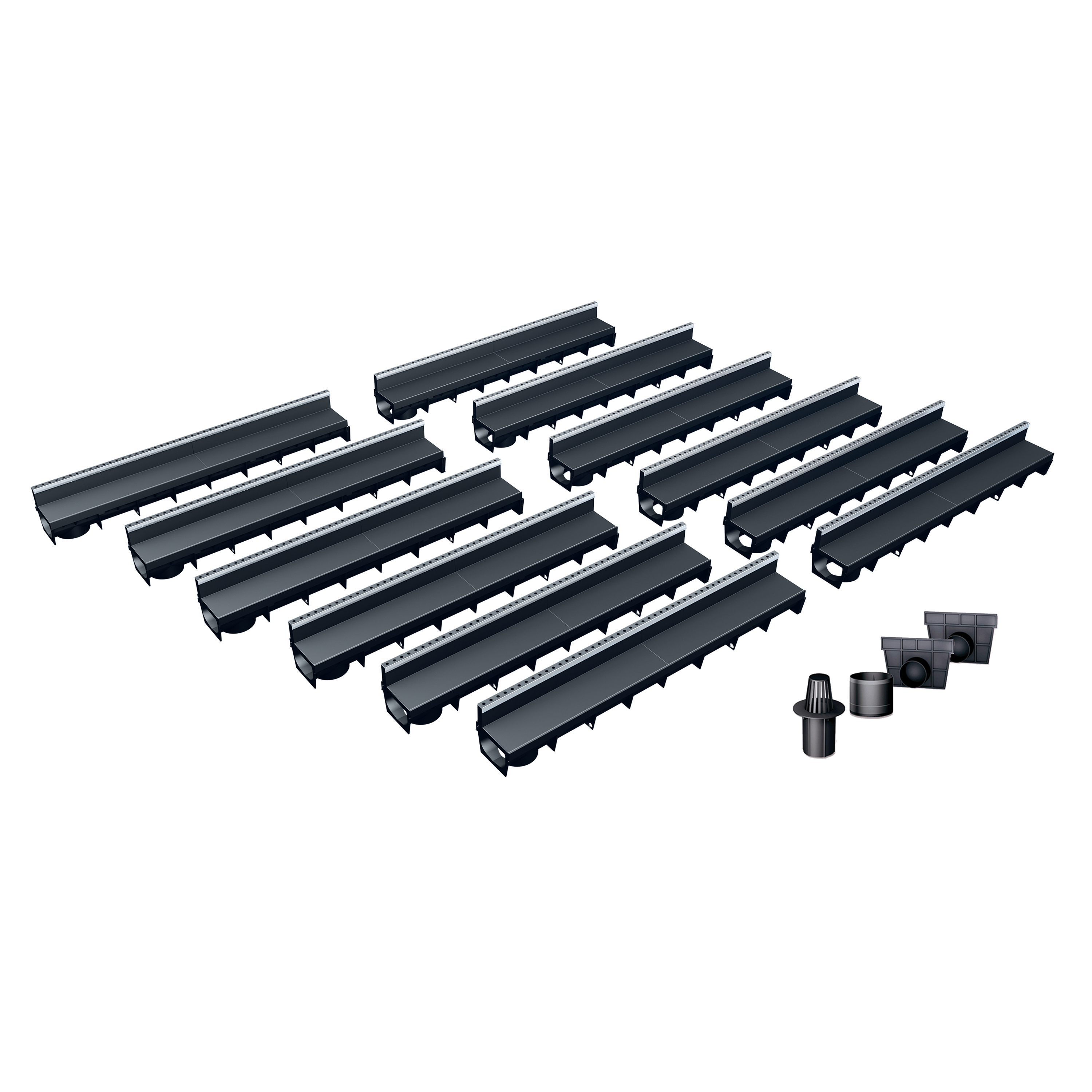 Pack de 12 caniveaux MEAPARK en plastique recyclé avec fente en polypropylène et profil inox 304 Eblade B - Classe de charge A15 - Norme PMR - Facile à poser. Vendu avec kit d'accessoires complet.