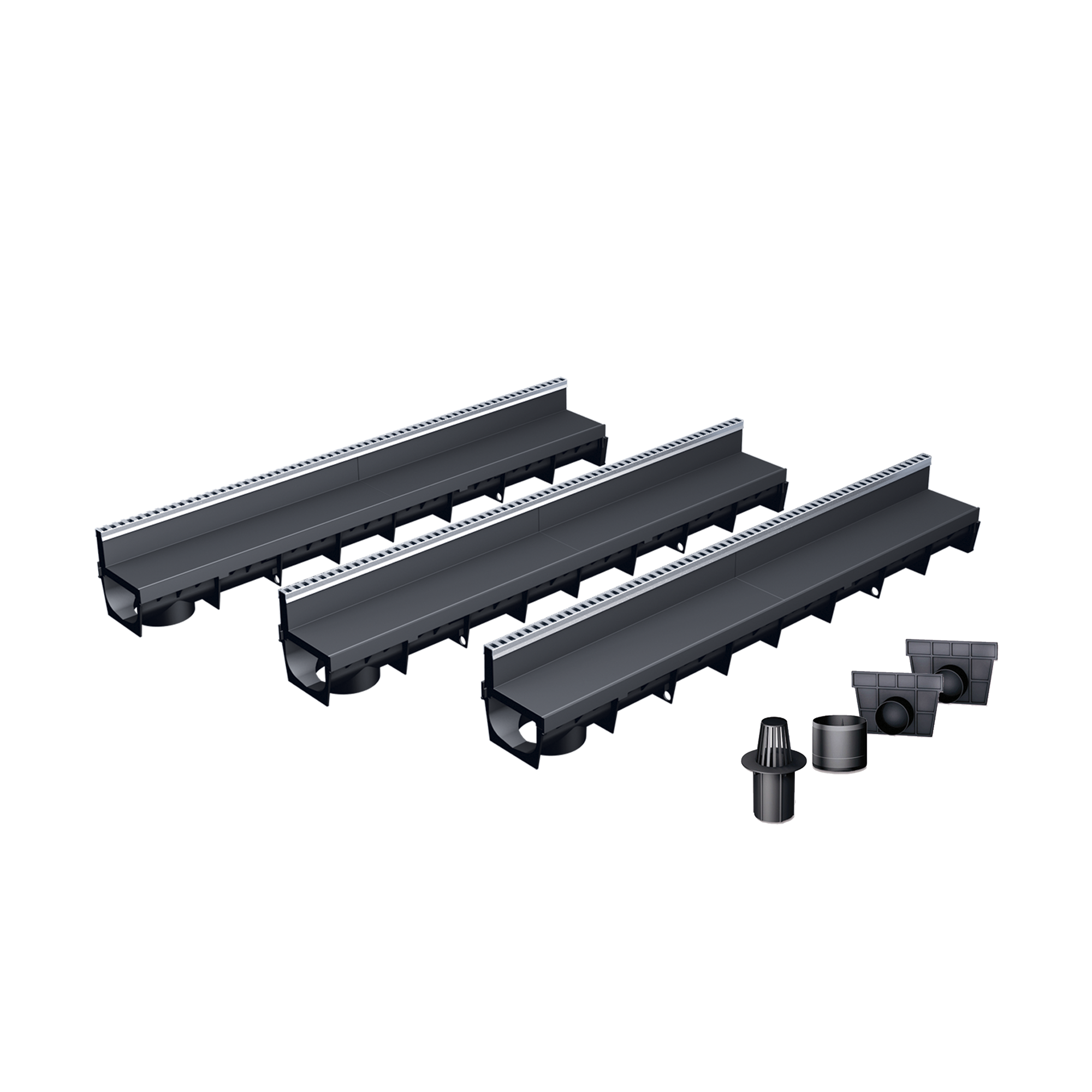 Pack de 3 caniveaux MEAPARK en plastique recyclé avec fente en polypropylène et profil inox 304 Eblade B - Classe de charge A15 - Norme PMR - Facile à poser. Vendu avec kit d'accessoires complet.