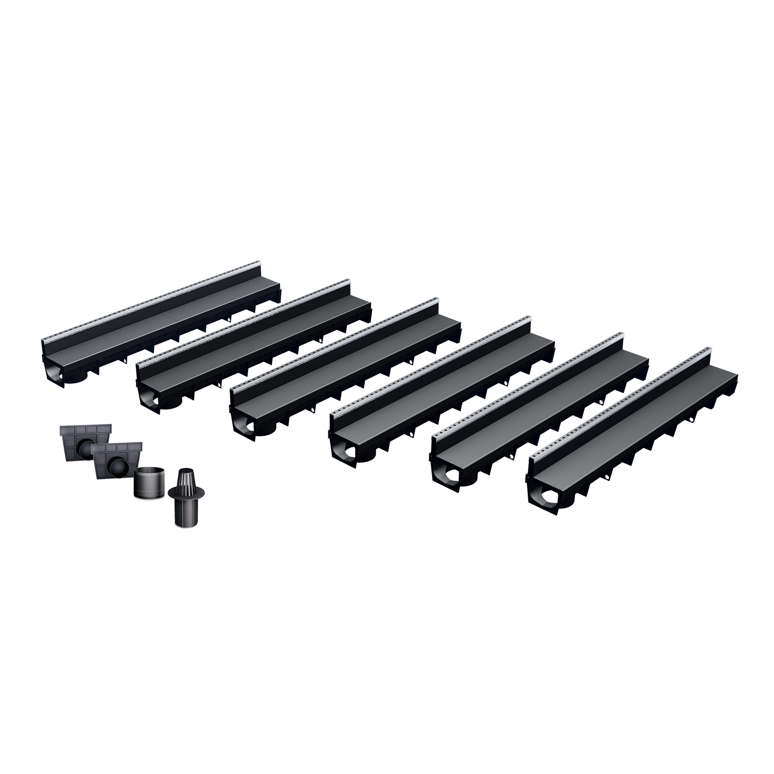 Pack de 6 caniveaux MEAPARK en plastique recyclé avec fente en polypropylène et profil inox 304 Eblade B - Classe de charge A15 - Norme PMR - Facile à poser. Vendu avec kit d'accessoires complet.