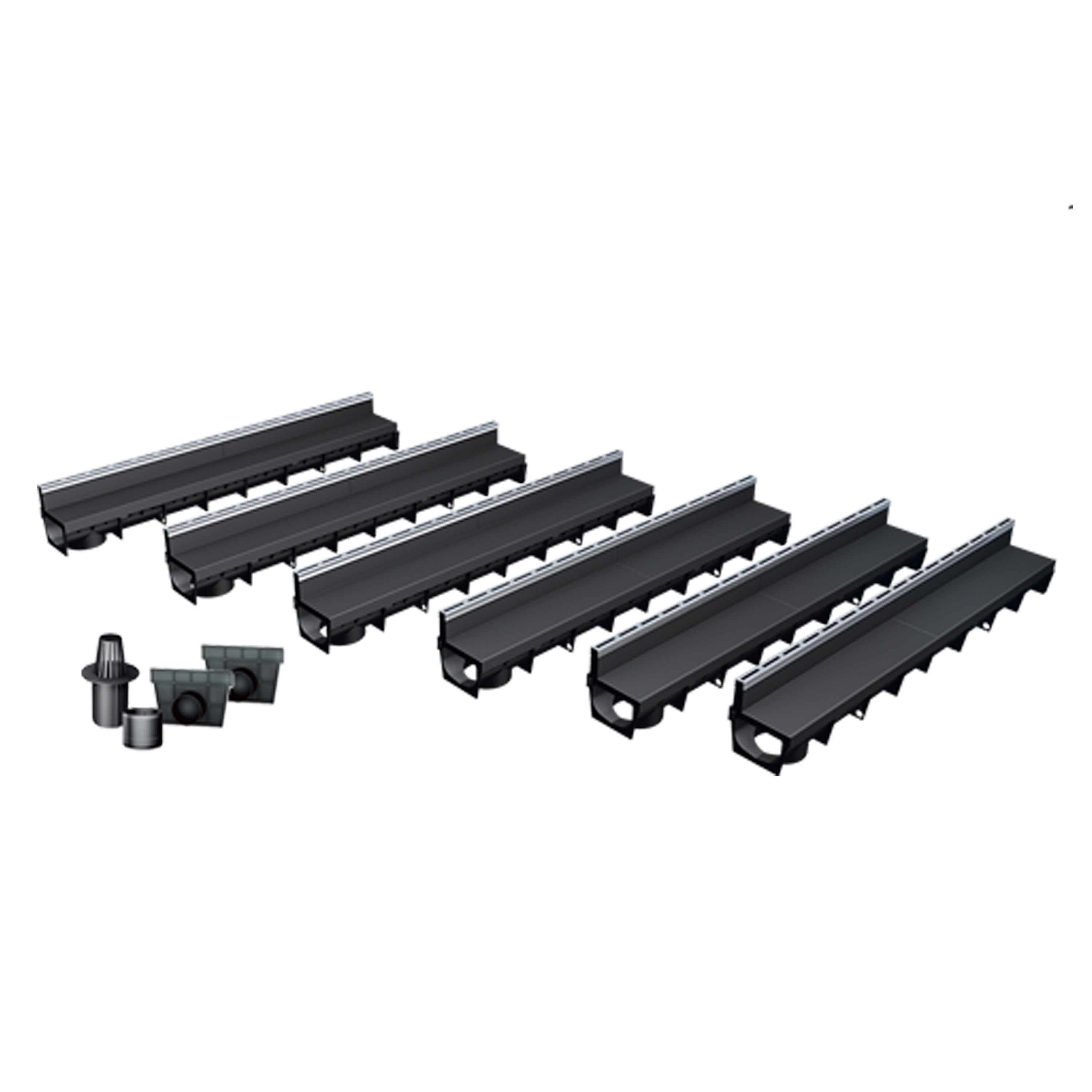 Pack de 6 caniveaux MEAPARK en plastique recyclé avec fente en polypropylène et profil inox 304 Eblade S - Classe de charge A15 - Norme PMR - Facile à poser. Vendu avec kit d'accessoires complet.