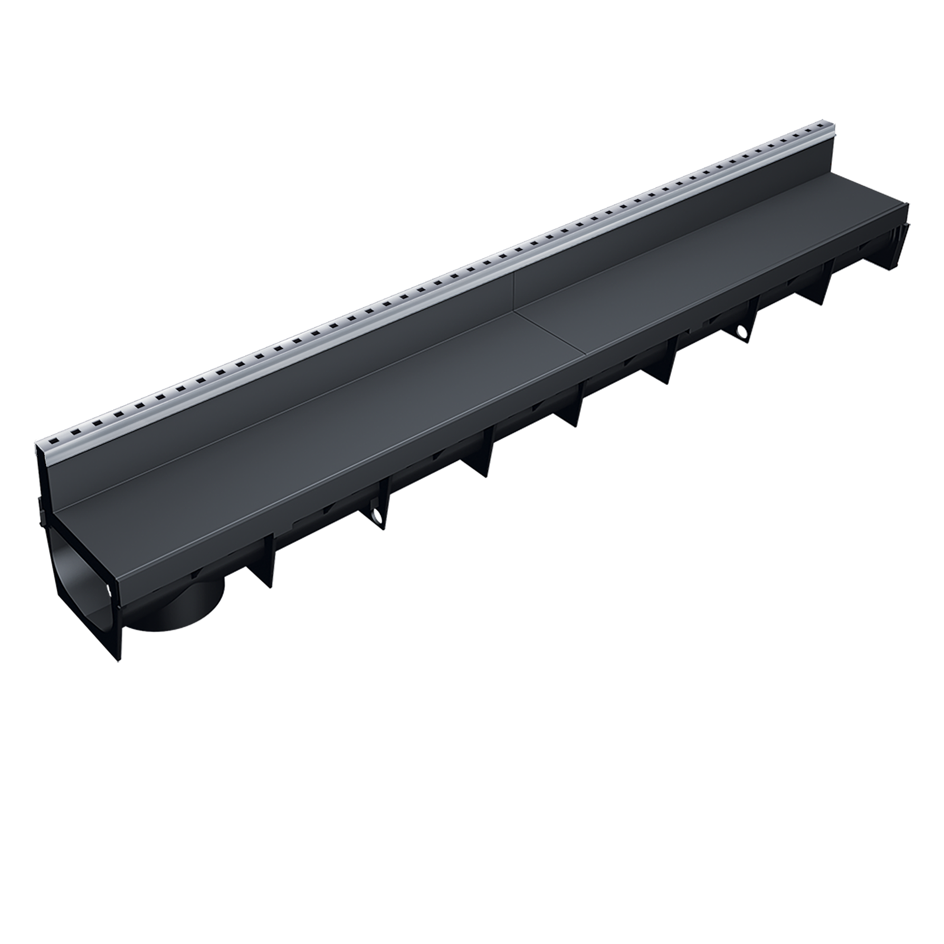 Caniveau discret MEAPARK en plastique recyclé avec fente en polypropylène et profil inox 304 Eblade T - Classe de charge A15 - Norme PMR - Facile à poser. Adapté pour terrasse, jardin, entrée de bâtiment et piscine.