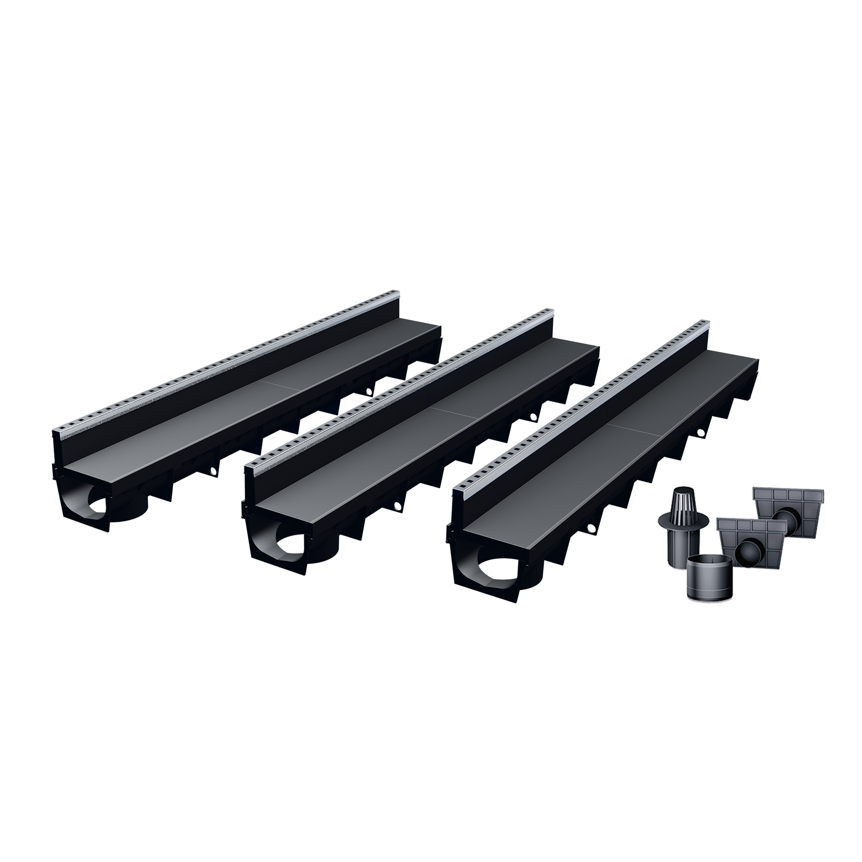 Pack de 3 caniveaux MEAPARK en plastique recyclé avec fente en polypropylène et profil inox 304 Eblade T - Classe de charge A15 - Norme PMR - Facile à poser. Vendu avec kit d'accessoires complet.