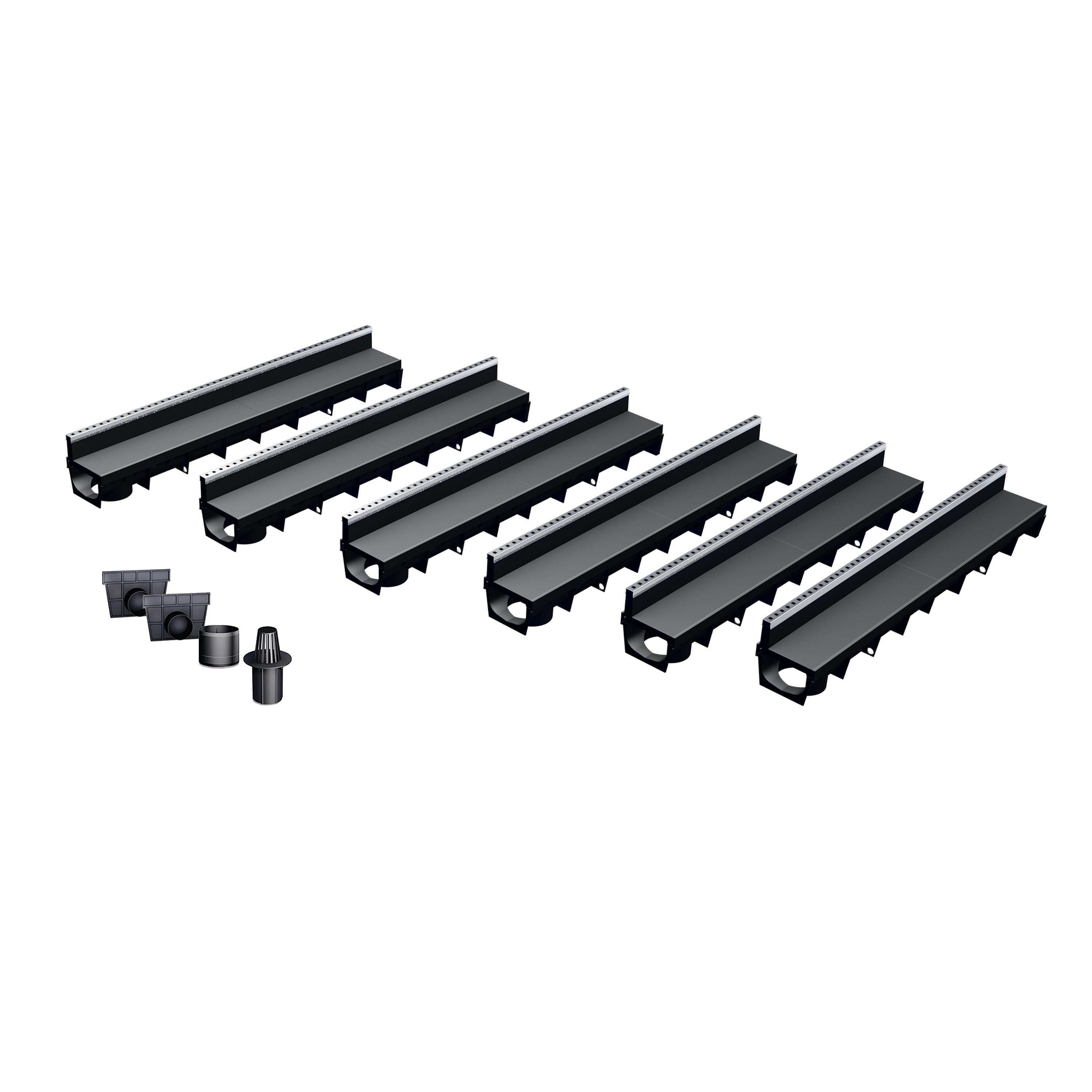 Pack de 6 caniveaux MEAPARK en plastique recyclé avec fente en polypropylène et profil inox 304 Eblade T - Classe de charge A15 - Norme PMR - Facile à poser. Vendu avec kit d'accessoires complet.