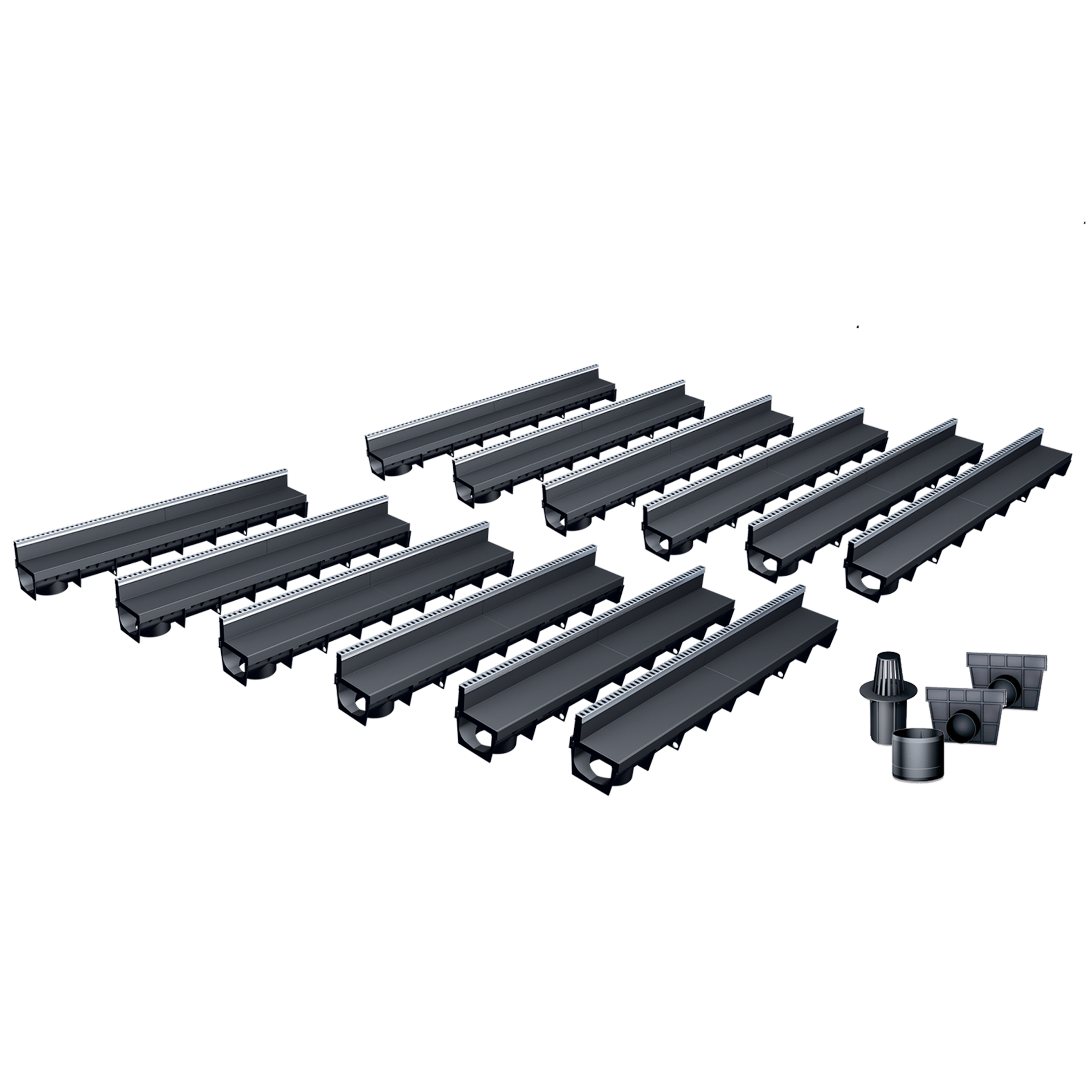 Pack de 12 caniveaux MEAPARK en plastique recyclé avec fente en polypropylène et profil inox 304 Eblade L - Classe de charge A15 - Norme PMR - Facile à poser. Vendu avec kit d'accessoires complet.