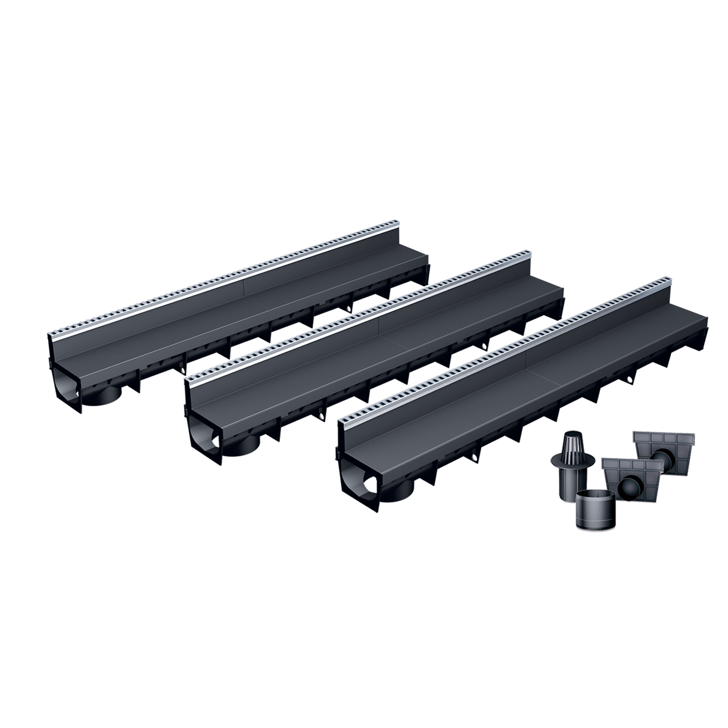 Pack de 3 caniveaux MEAPARK en plastique recyclé avec fente en polypropylène et profil inox 304 Eblade L - Classe de charge A15 - Norme PMR - Facile à poser. Vendu avec kit d'accessoires complet.