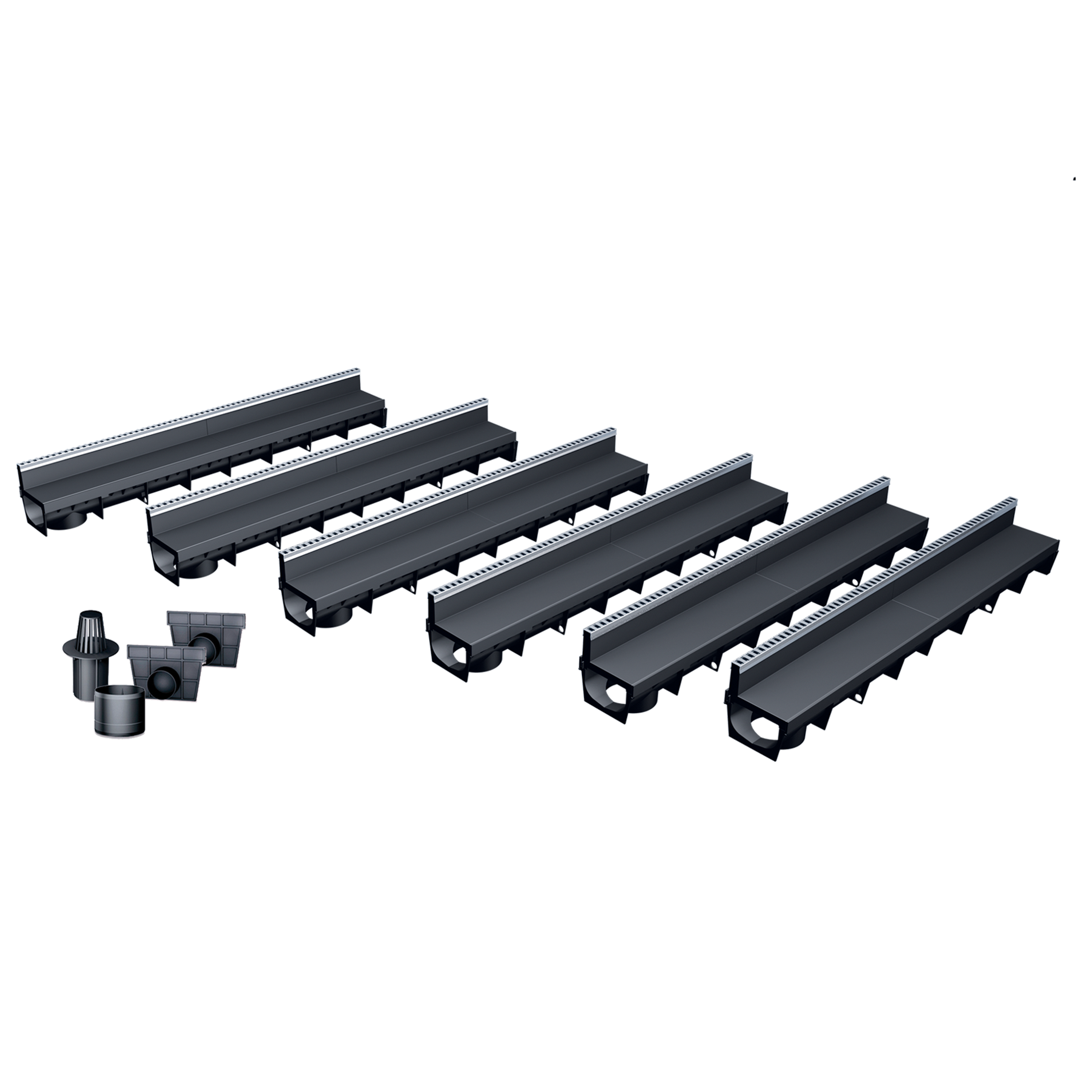 Pack de 6 caniveaux MEAPARK en plastique recyclé avec fente en polypropylène et profil inox 304 Eblade L - Classe de charge A15 - Norme PMR - Facile à poser. Vendu avec kit d'accessoires complet.
