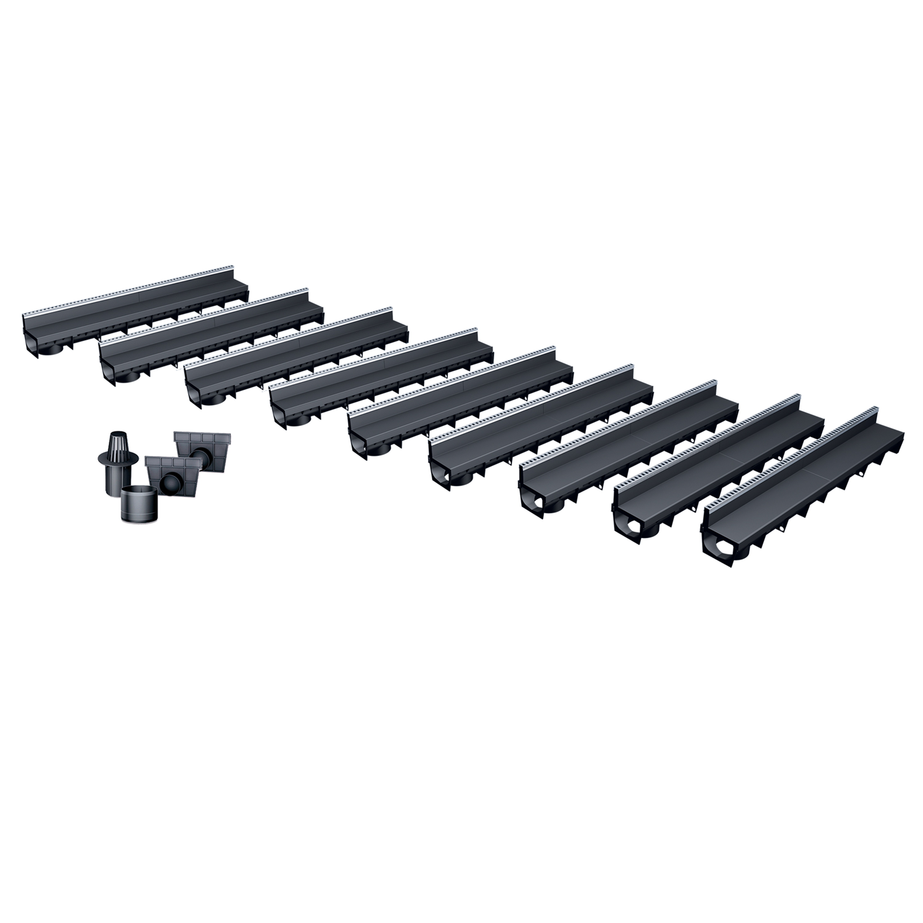 Pack de 9 caniveaux MEAPARK en plastique recyclé avec fente en polypropylène et profil inox 304 Eblade L - Classe de charge A15 - Norme PMR - Facile à poser. Vendu avec kit d'accessoires complet.