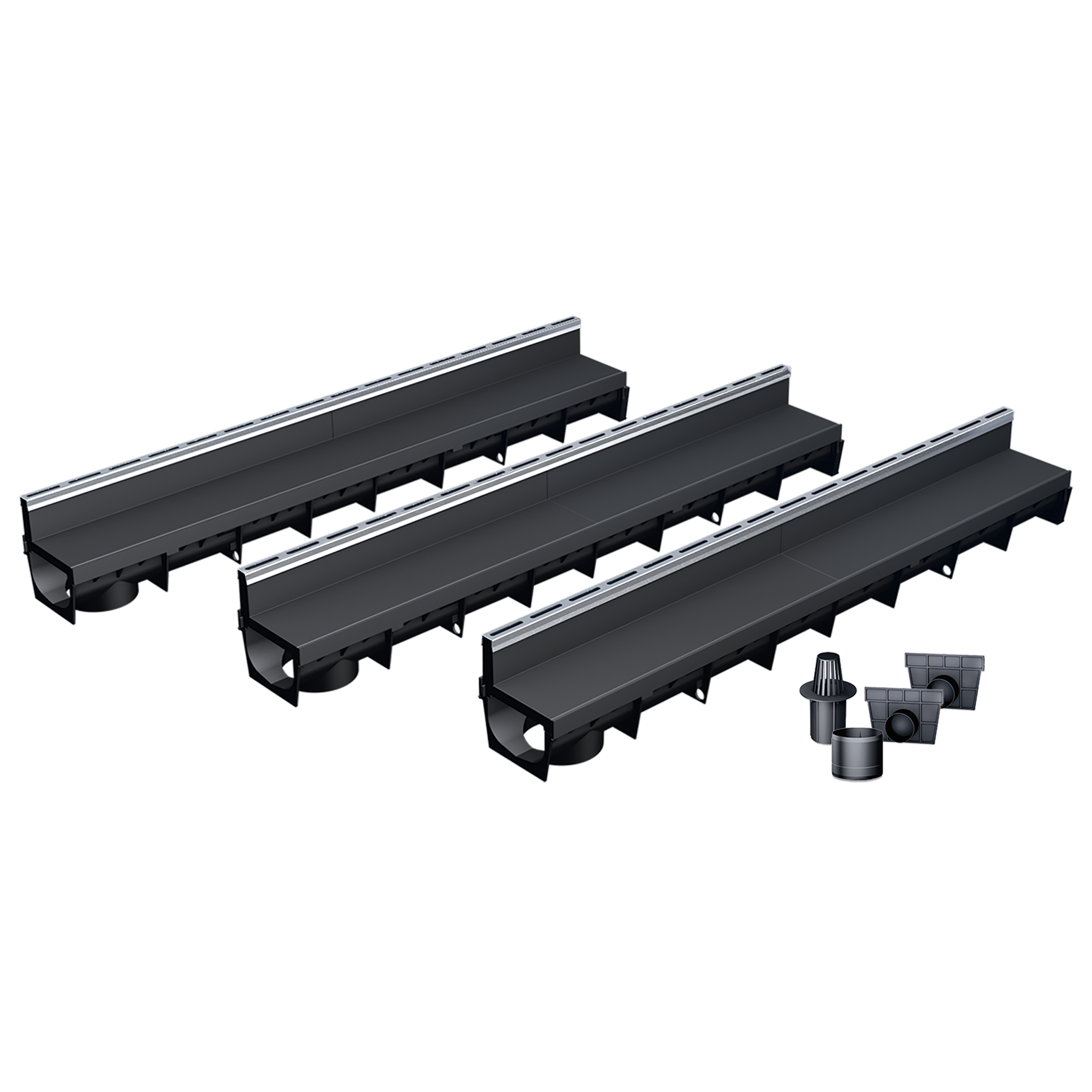 Pack de 3 caniveaux MEAPARK en plastique recyclé avec fente en polypropylène et profil inox 304 Eblade R - Classe de charge A15 - Norme PMR - Facile à poser. Vendu avec kit d'accessoires complet.
