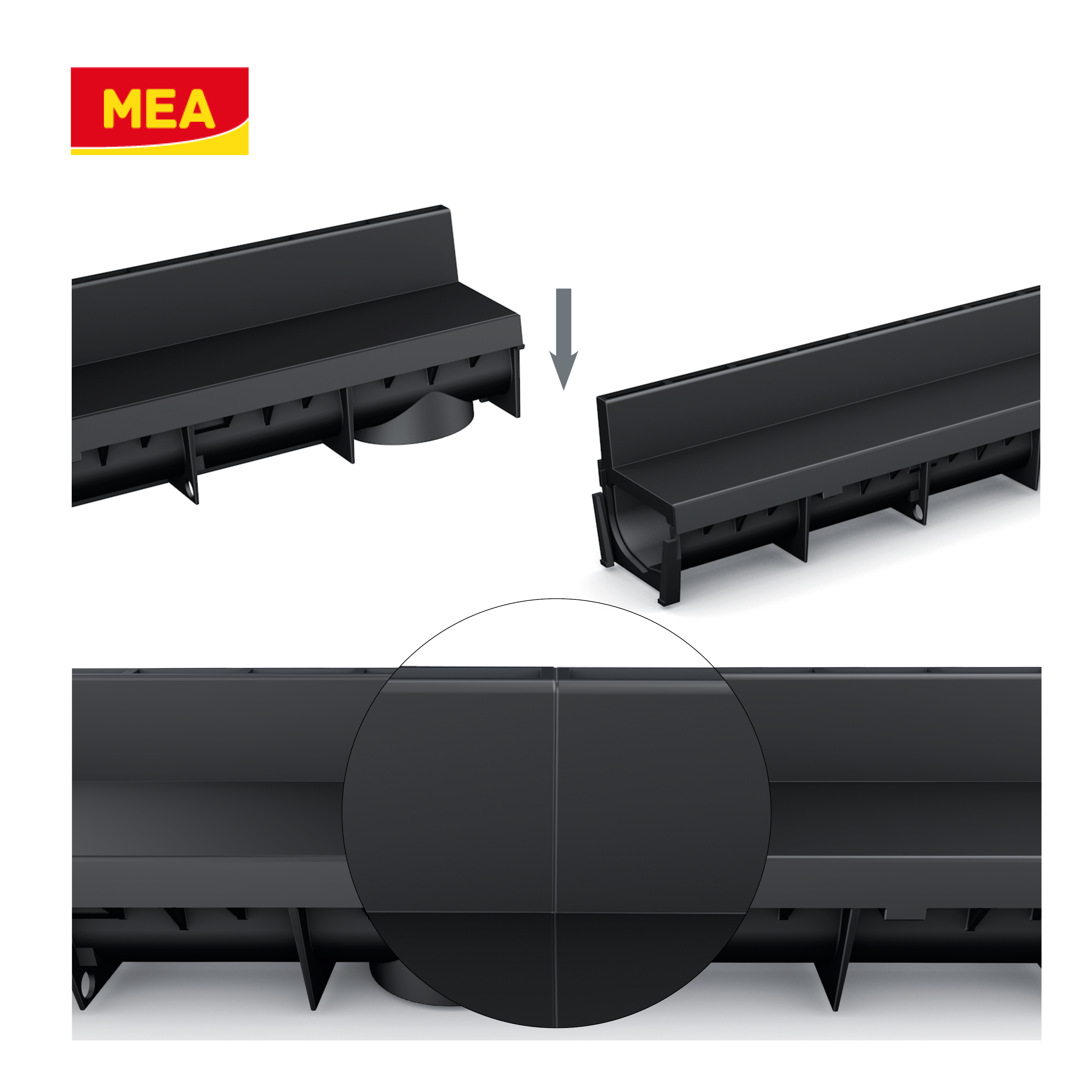 Caniveau discret MEAPARK en plastique recyclé avec fente TSC en polypropylène - Classe de charge A15 - Norme PMR - Facile à poser. Adapté pour terrasse, jardin, entrée de bâtiment et piscine.