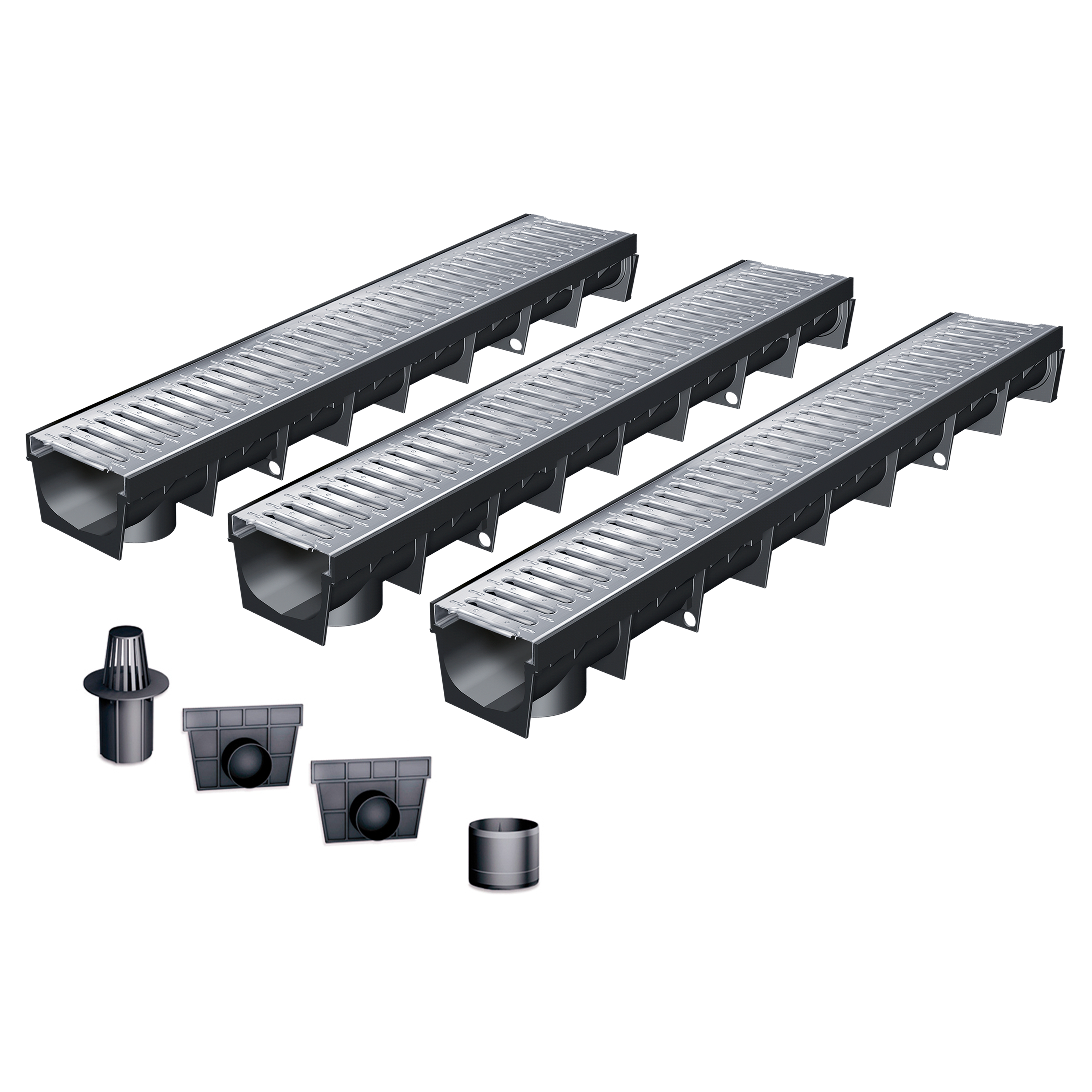 Pack de 3 caniveaux en plastique recyclé MEAPARK avec grille en acier galvanisé - Classe de charge A15 - norme PMR - Made in Germany - adaptés pour terrasse, jardin et entrée de bâtiment.
