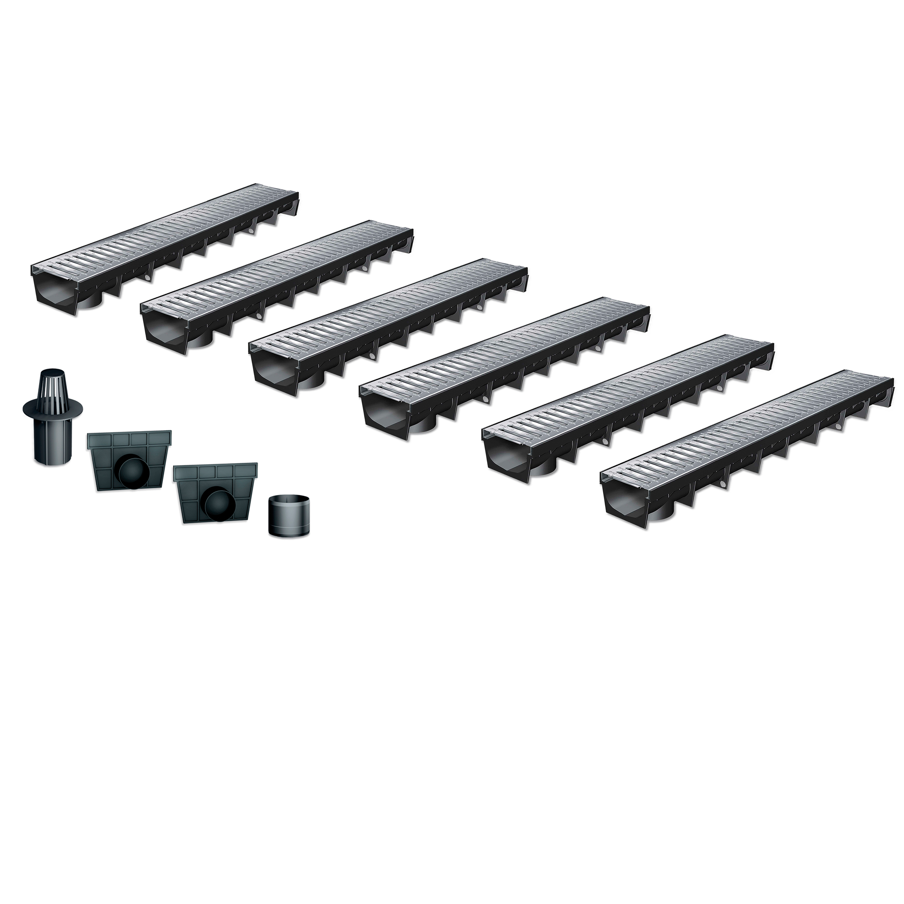 Pack de 6 caniveaux en plastique recyclé MEAPARK avec grille en acier galvanisé - Classe de charge A15 - norme PMR - Made in Germany - adaptés pour terrasse, jardin et entrée de bâtiment.