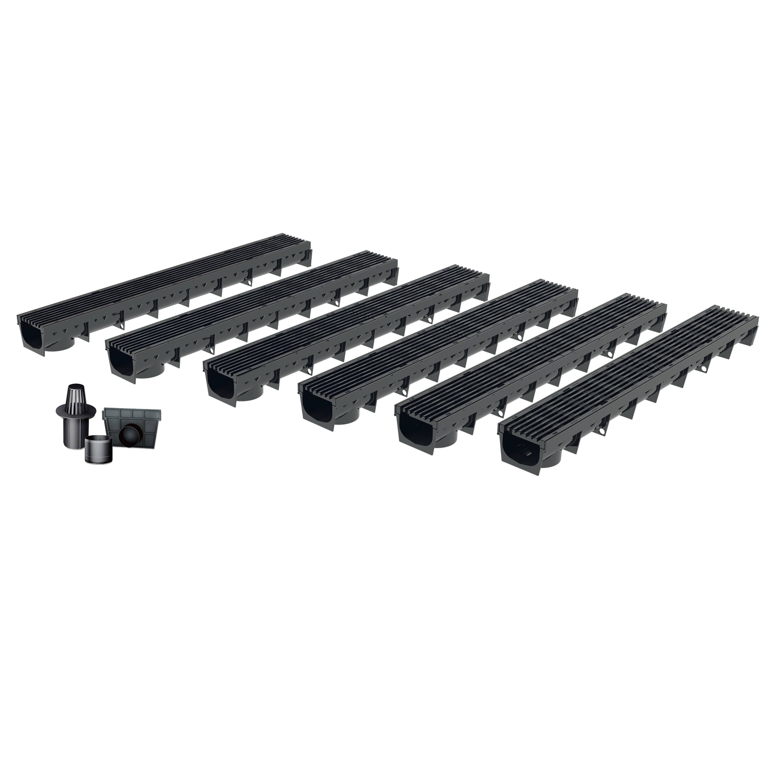 Pack de 6 caniveaux MEAPARK avec grille longitudinale noire en plastique recyclé - Classe de charge A15 - Norme PMR - Facile à poser.