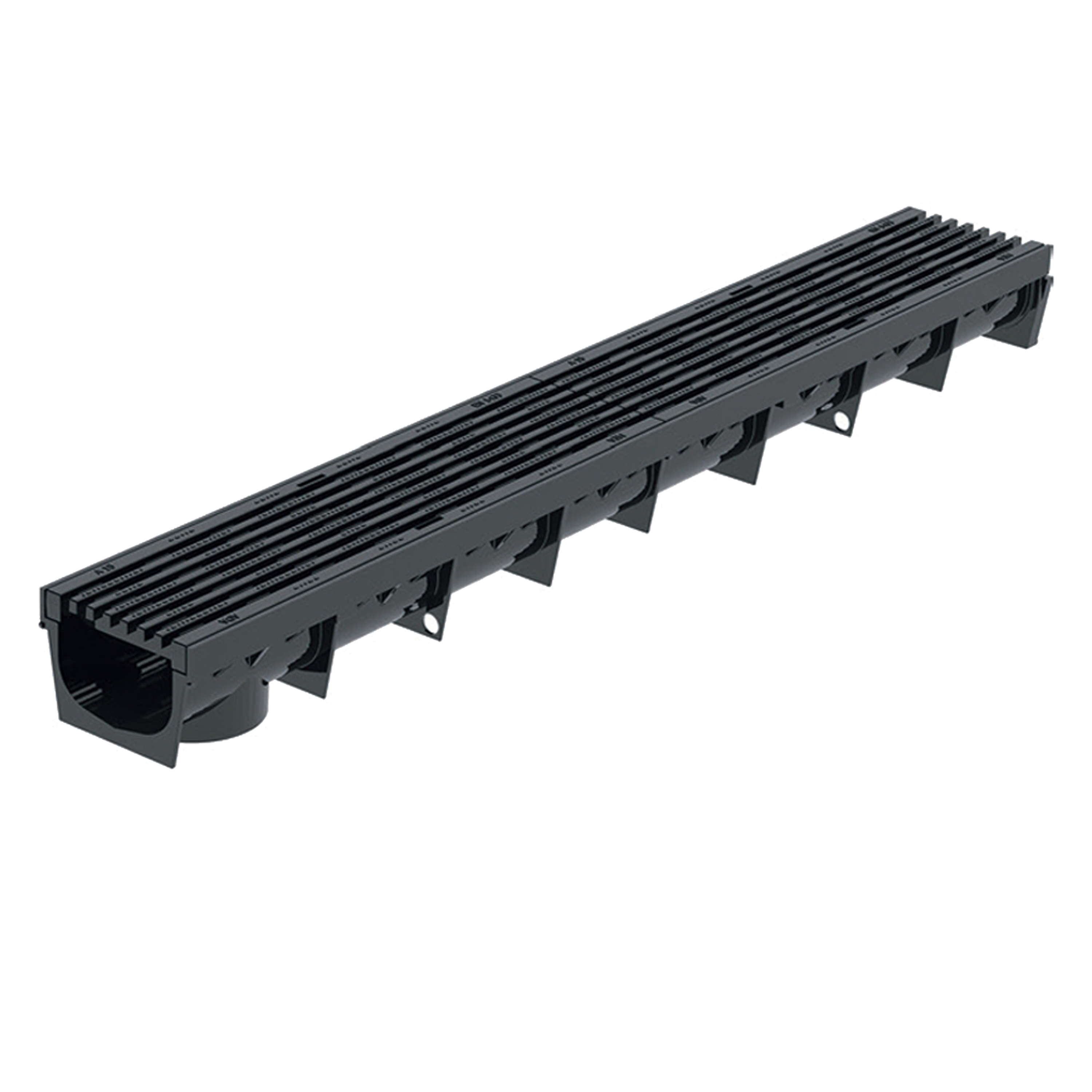 Caniveau design MEAPARK avec grille longitudinale noire en plastique recyclé adapté pour passage piéton et vélo - Classe de charge A15 - Norme PMR - Facile à poser.