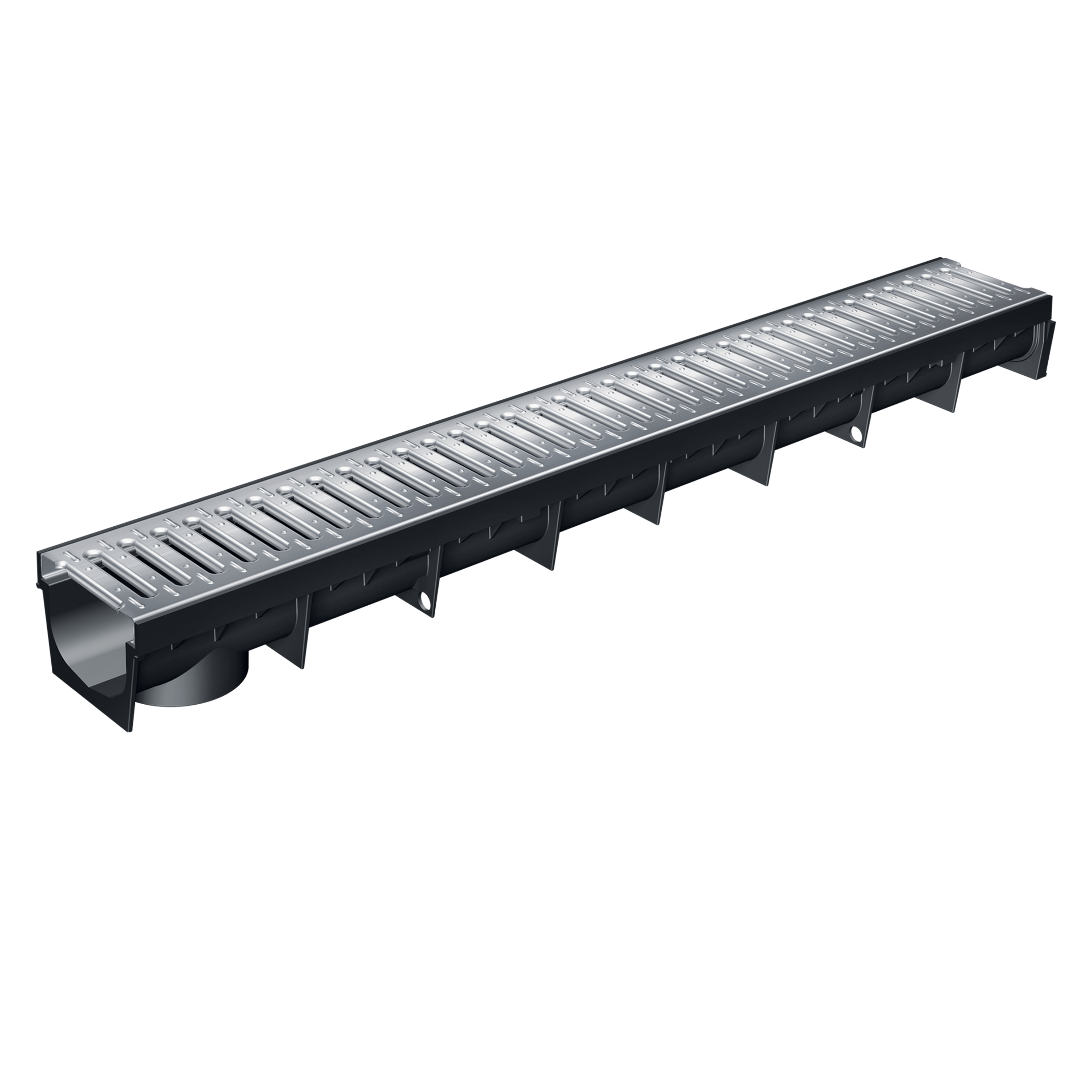 Caniveau en plastique recyclé MEAPARK avec grille en acier galvanisé - Classe de charge A15 - norme PMR - Made in Germany - adapté pour terrasse, jardin et entrée de bâtiment.