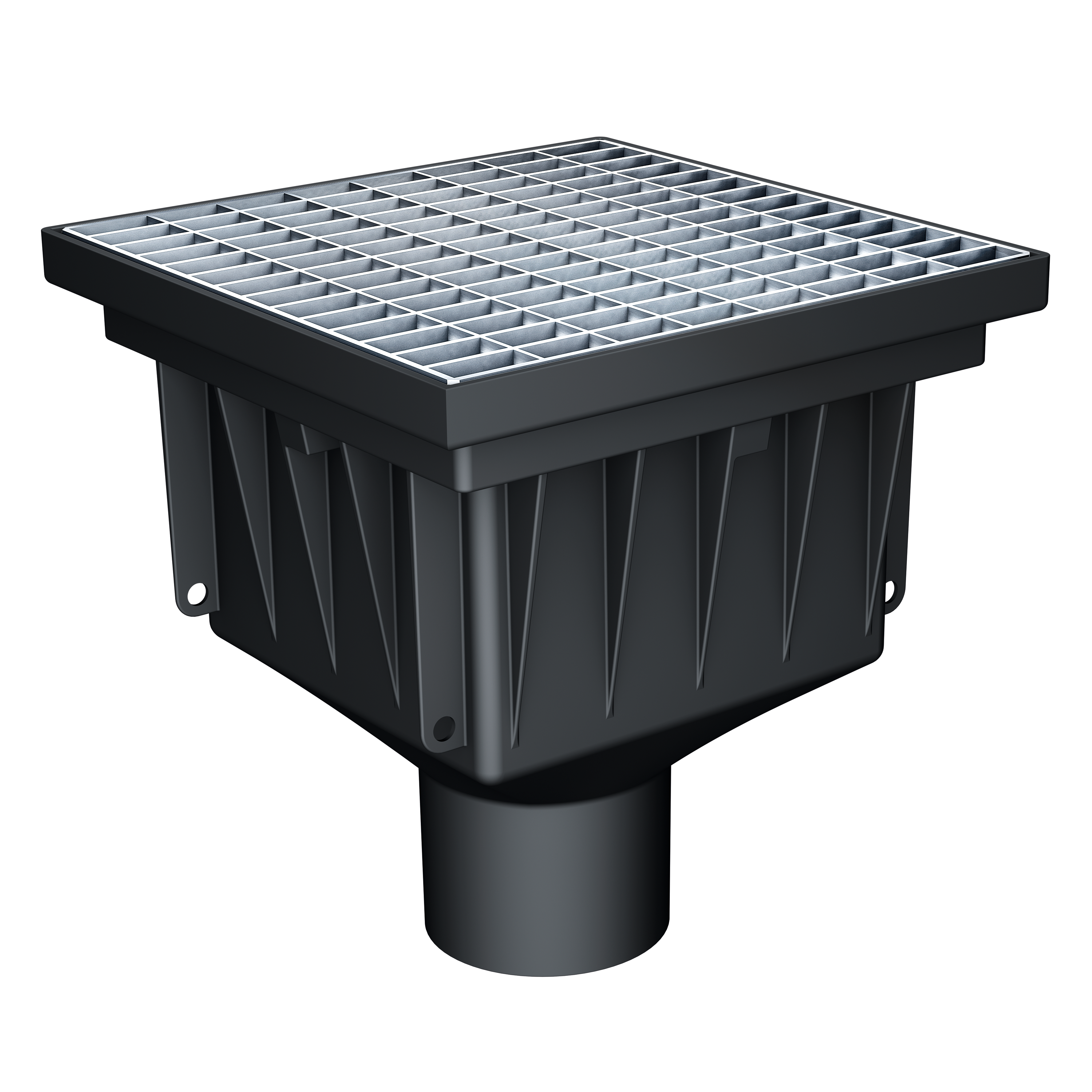 Avaloir de cour MEAPARK en plastique recyclé avec grille caillebotis maille 20/30 en acier galvanisé, résistant à une classe de charge B125 selon la norme EN 1433. Norme PMR, installation simple et rapide, adapté au passage de véhicule léger.