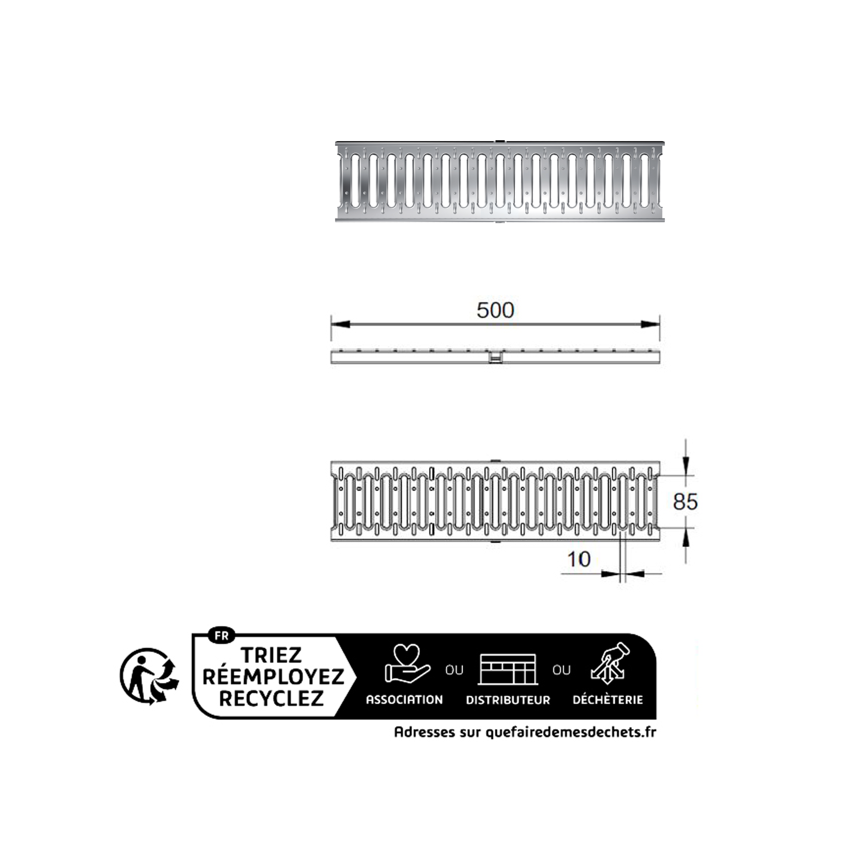 Grille de caniveau 0,5m en acier galvanisé - classe de charge A15 - compatible avec caniveau MEAPARK