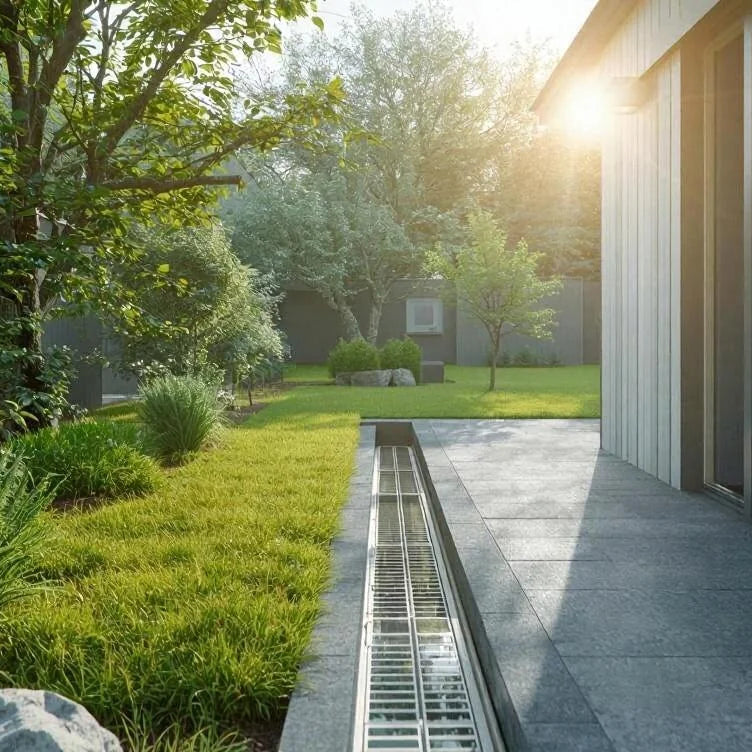 Jardin moderne et durable devant une maison, illustrant l’engagement éco-responsable de YOODOO pour des solutions durables et respectueuses de l’environnement.