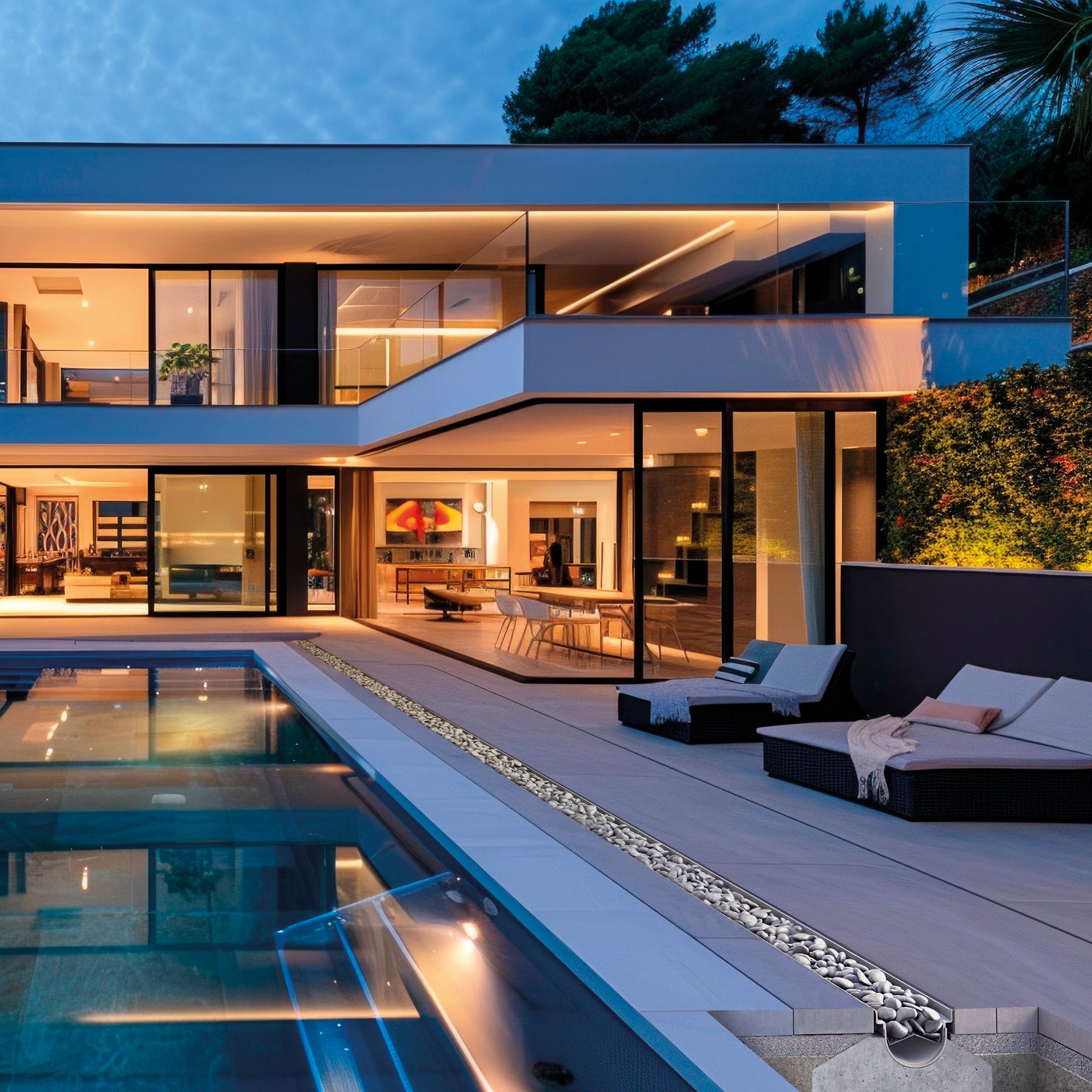Caniveau de drainage décoratif DECOSTONE en SMC pour terrasse et piscine, intégration design maison contemporaine