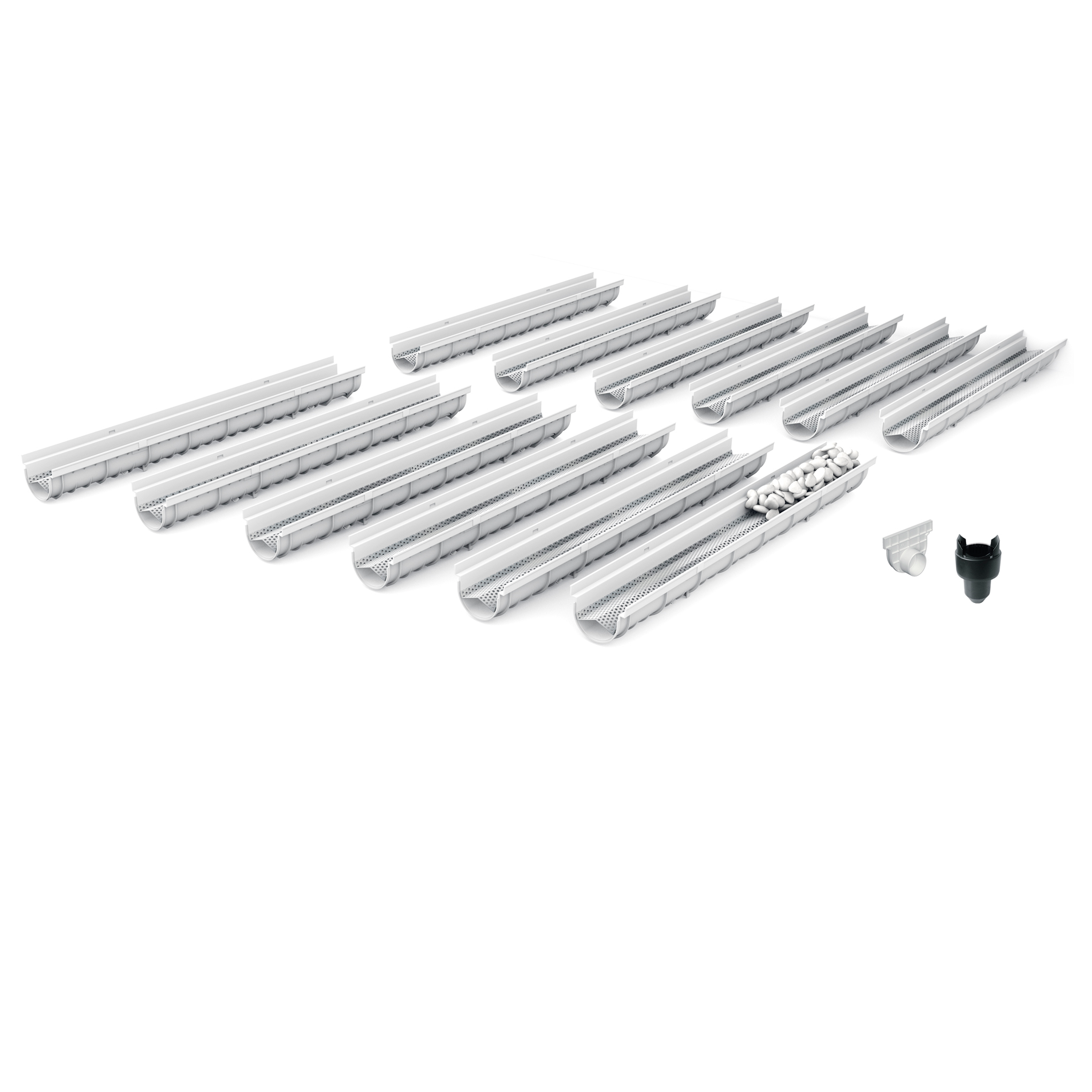 Pack de 12 caniveaux décoratifs en SMC DECOSTONE avec tôle perforée en acier galvanisé - Résiste au gel - classe de charge A15 - adaptés pour terrasse, jardin et façade.