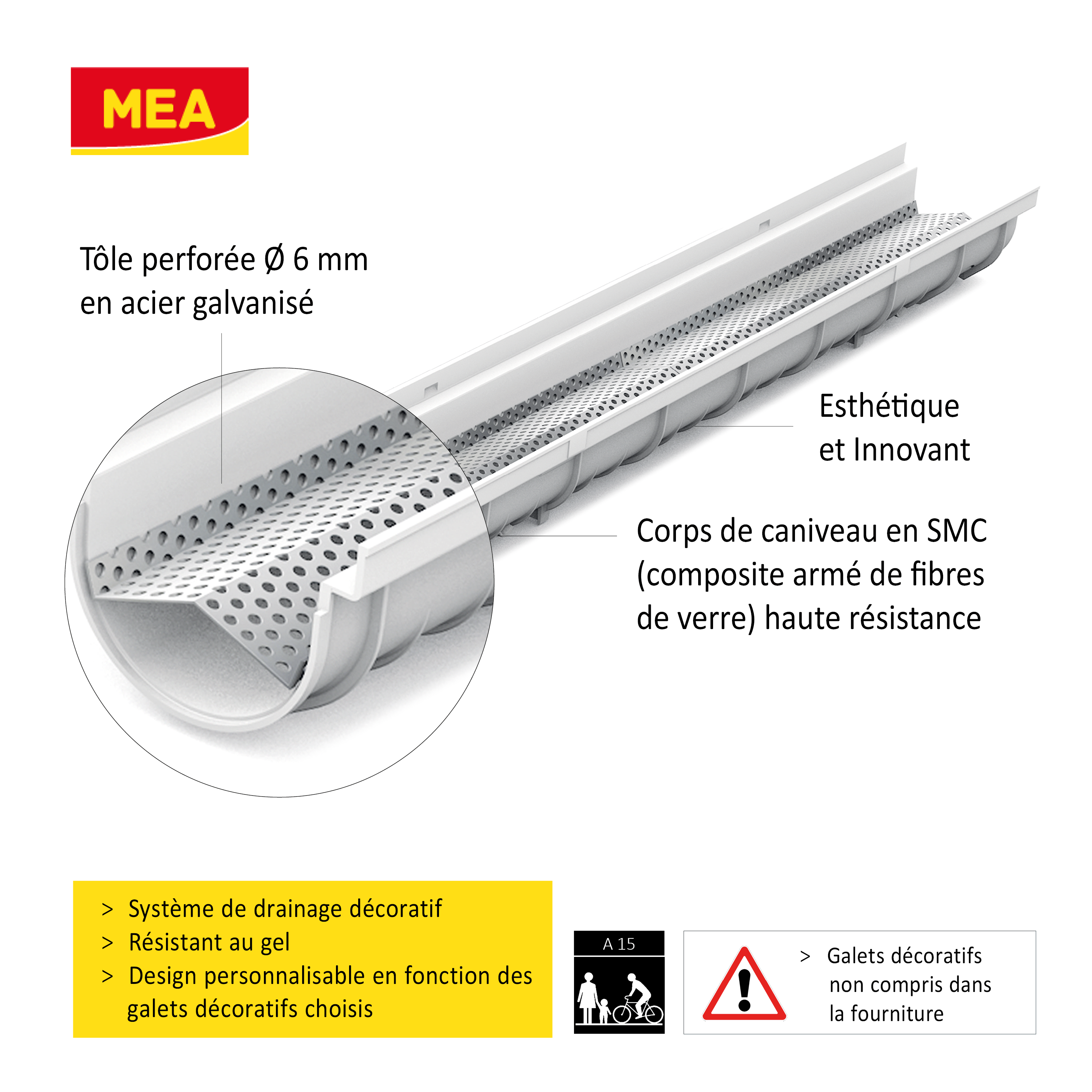 Caniveau décoratif en SMC DECOSTONE avec tôle perforée en acier galvanisé - Résiste au gel - classe de charge A15 - adapté pour terrasse, jardin et façade.