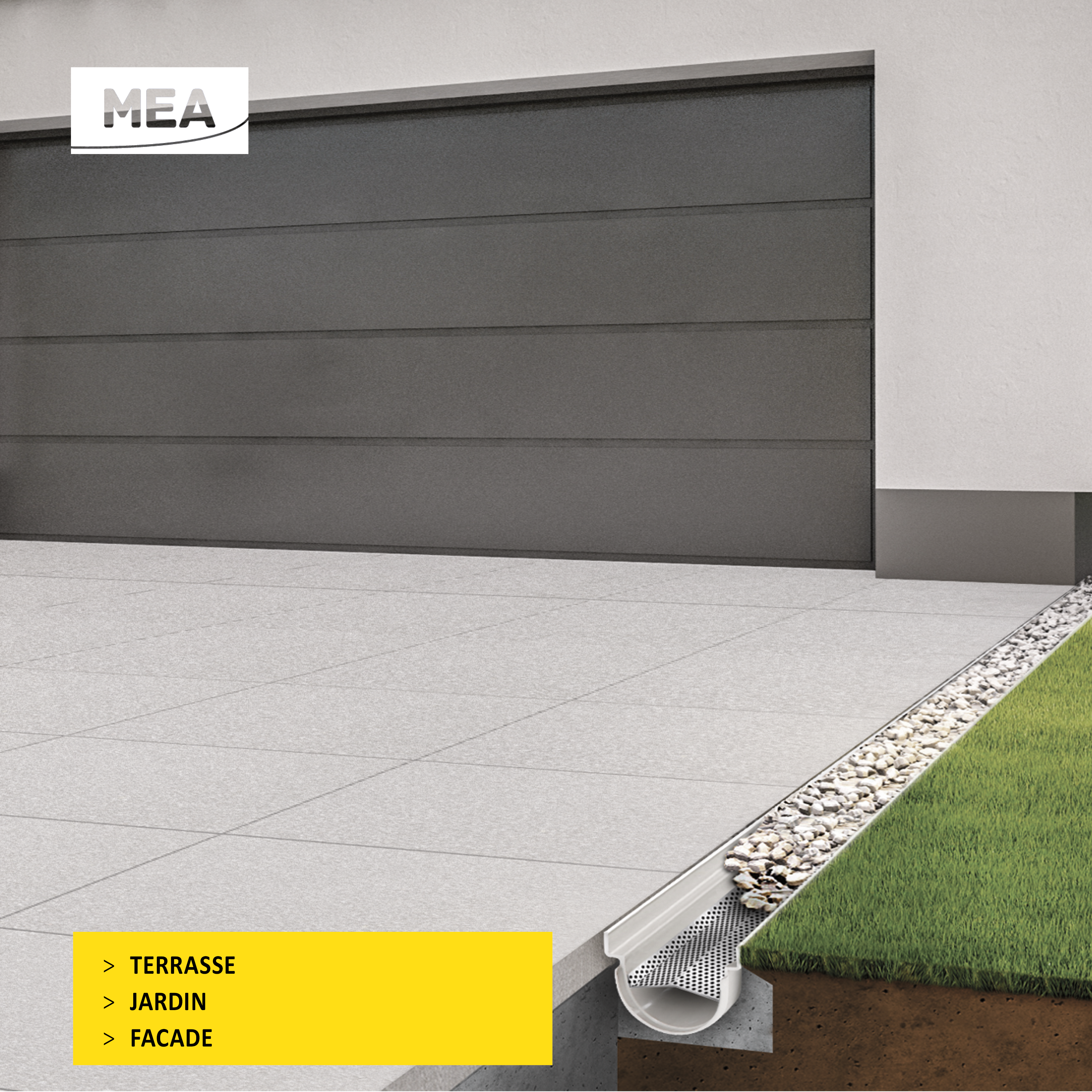 Caniveau décoratif en SMC DECOSTONE avec tôle perforée en acier galvanisé - Résiste au gel - classe de charge A15 - adapté pour terrasse, jardin et façade.