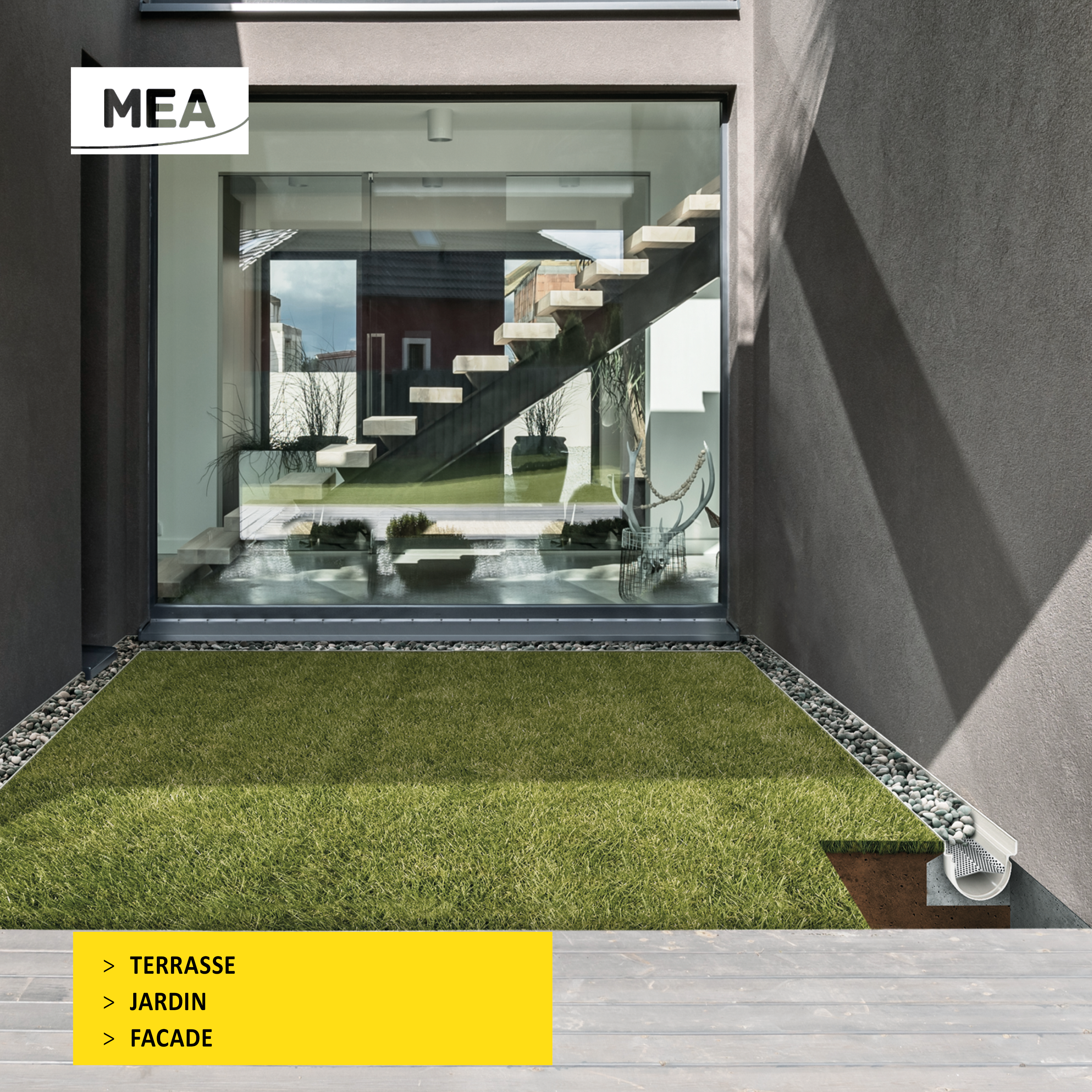 Caniveau décoratif en SMC DECOSTONE avec tôle perforée en acier galvanisé - Résiste au gel - classe de charge A15 - adapté pour terrasse, jardin et façade.