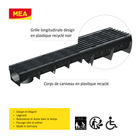 caniveaux MEAPARK avec grille longitudinale noire en plastique recyclé adaptés pour terrasse, jardin, entrée de bâtiment et piscine - Classe de charge A15 - Norme PMR - Facile à poser.