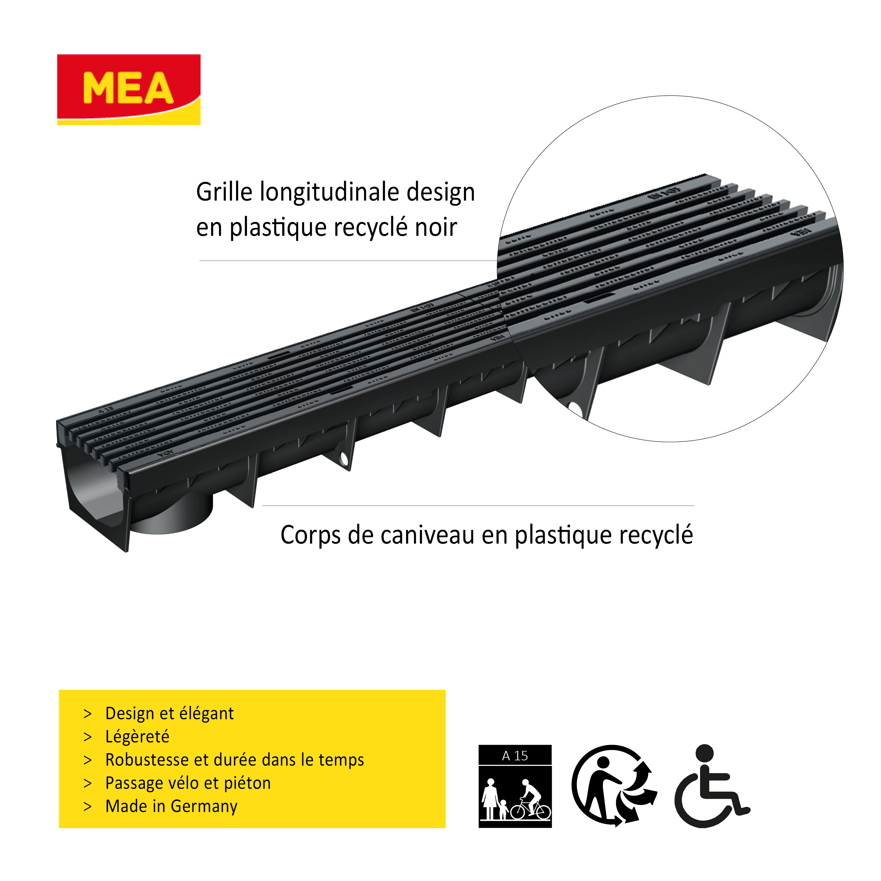 caniveaux MEAPARK avec grille longitudinale noire en plastique recyclé adaptés pour terrasse, jardin, entrée de bâtiment et piscine - Classe de charge A15 - Norme PMR - Facile à poser.