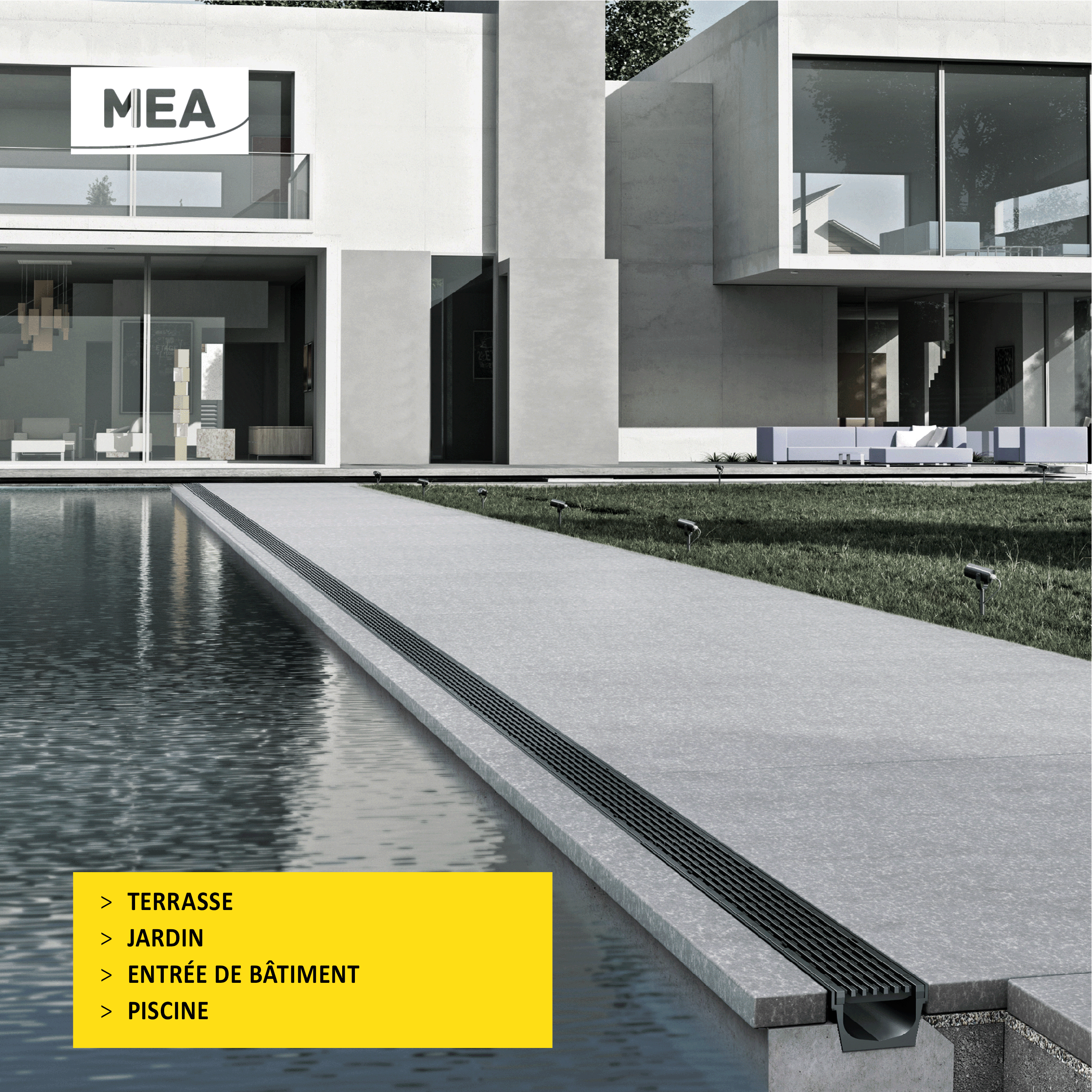caniveaux MEAPARK avec grille longitudinale noire en plastique recyclé adaptés pour terrasse, jardin, entrée de bâtiment et piscine - Classe de charge A15 - Norme PMR - Facile à poser.