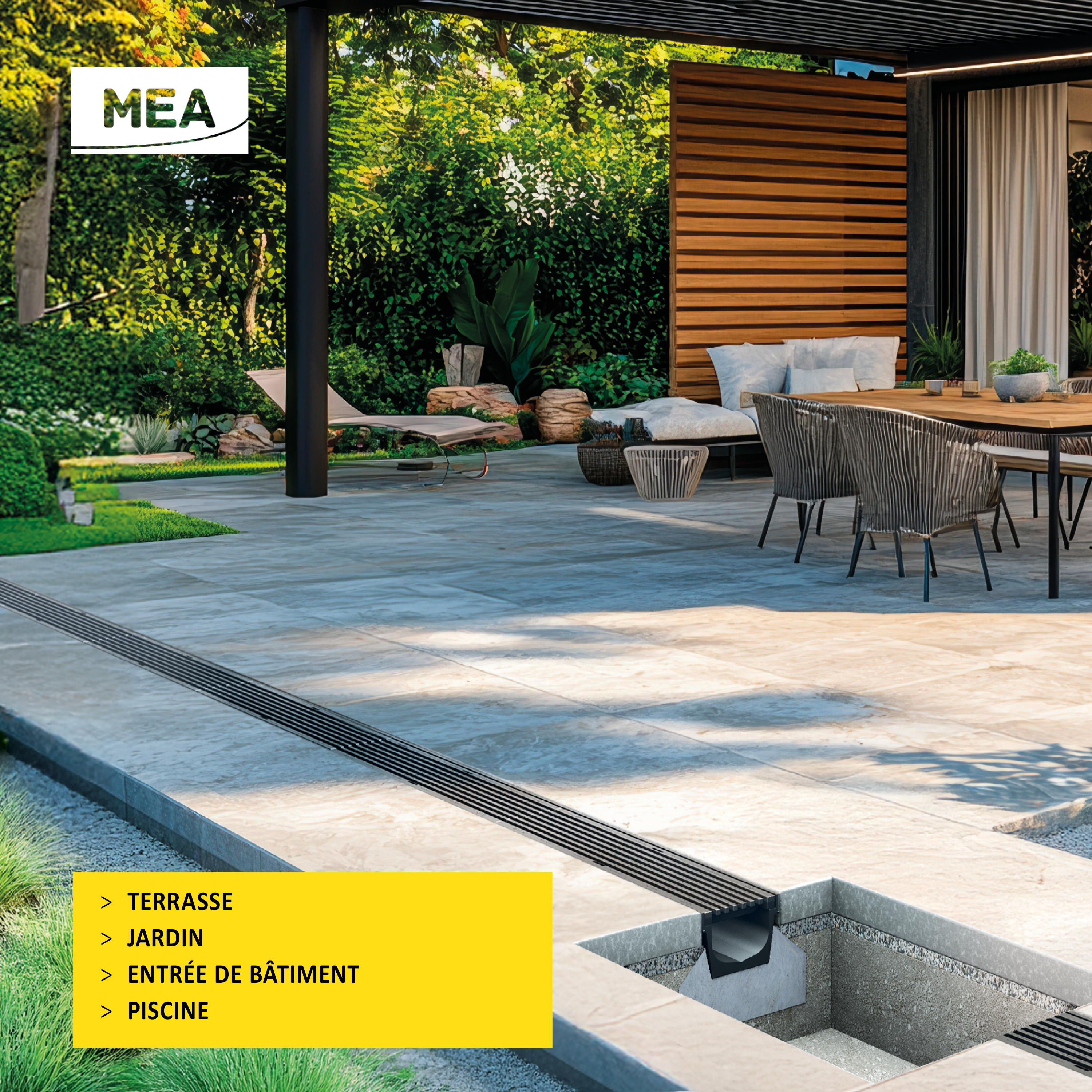 caniveaux MEAPARK avec grille longitudinale noire en plastique recyclé adaptés pour terrasse, jardin, entrée de bâtiment et piscine - Classe de charge A15 - Norme PMR - Facile à poser.