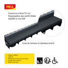 Caniveau discret MEAPARK en plastique recyclé avec fente en polypropylène et profil inox 304 Eblade S - Classe de charge A15 - Norme PMR - Facile à poser. Adapté pour terrasse, jardin, entrée de bâtiment et piscine.