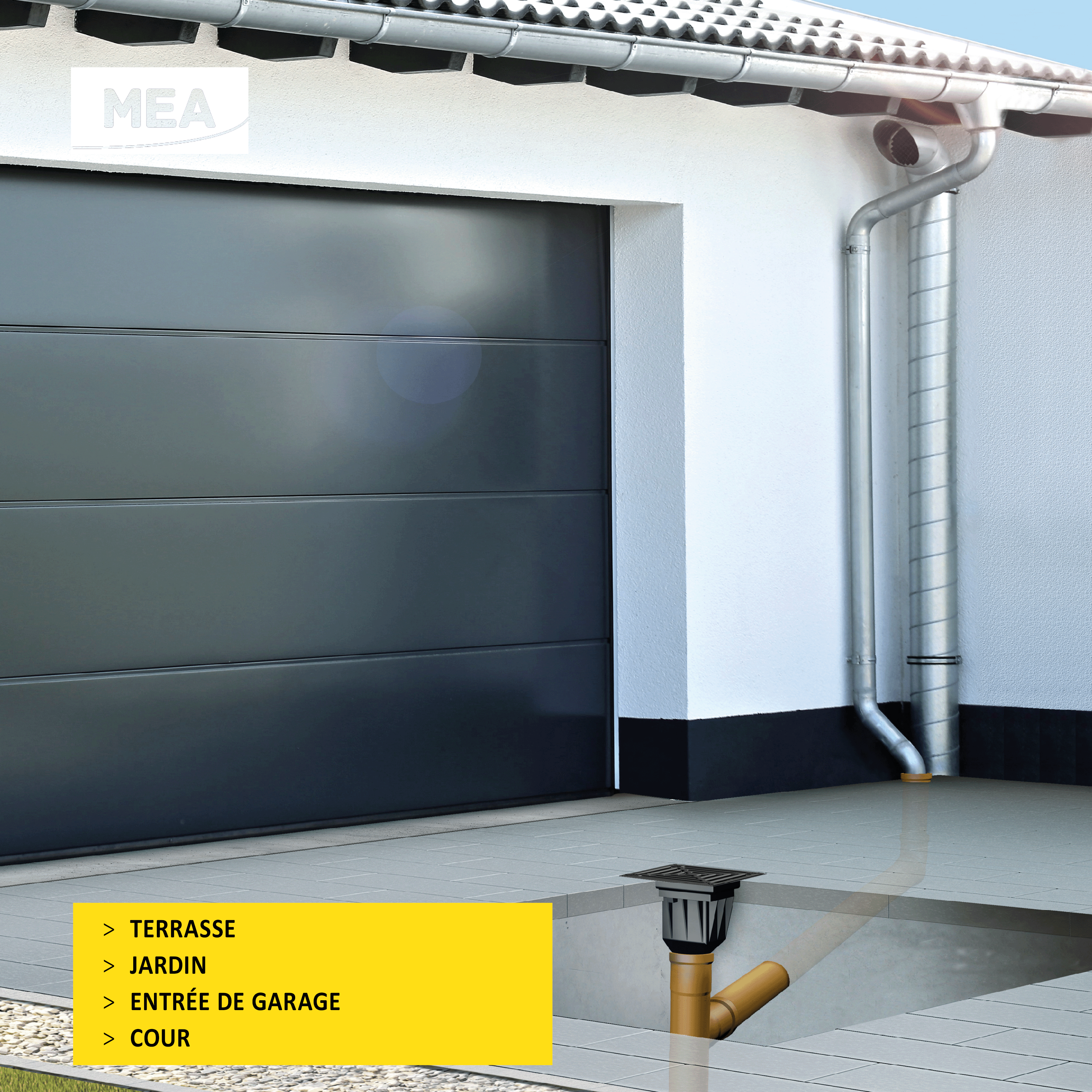 Avaloir de cour MEAPARK en plastique recyclé, résistant à une classe de charge B125 selon la norme EN 1433. Norme PMR, installation simple et rapide, passage de véhicule léger. Adapté pour terrasse, jardin, entrée de garage ou cour.