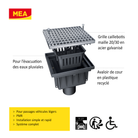 Avaloir de cour MEAPARK en plastique recyclé avec grille caillebotis maille 20/30 en acier galvanisé, résistant à une classe de charge B125 selon la norme EN 1433. Norme PMR, installation simple et rapide, adapté au passage de véhicule léger.