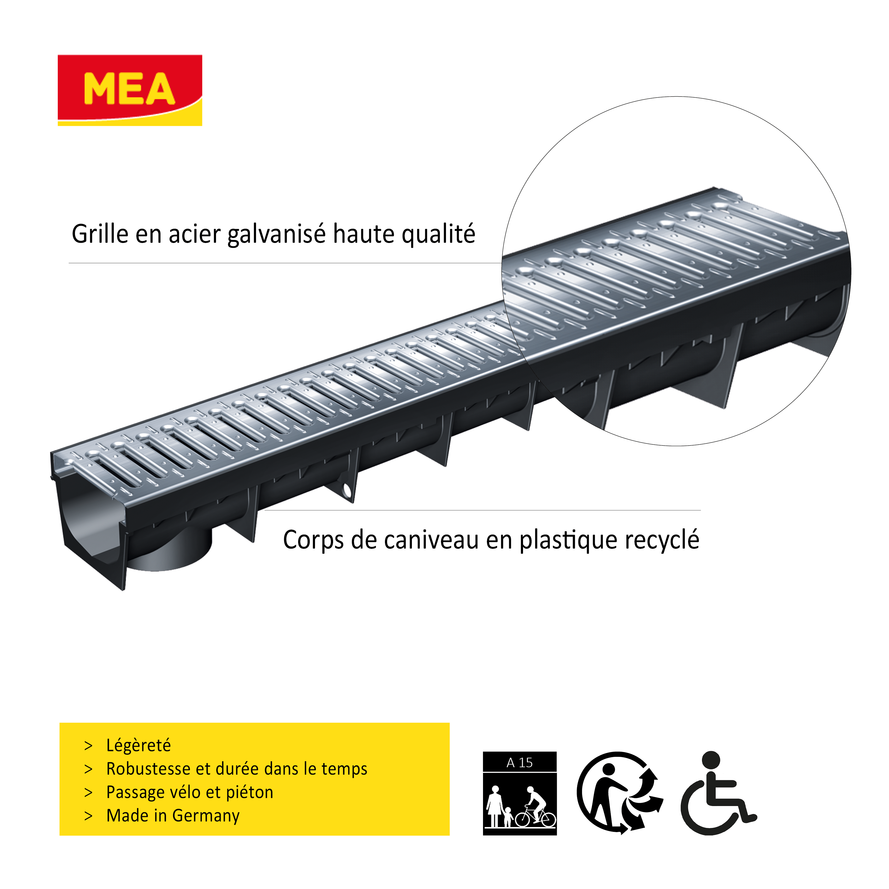 Caniveau en plastique recyclé MEAPARK avec grille en acier galvanisé - Classe de charge A15 - norme PMR - Made in Germany - adapté pour terrasse, jardin et entrée de bâtiment.
