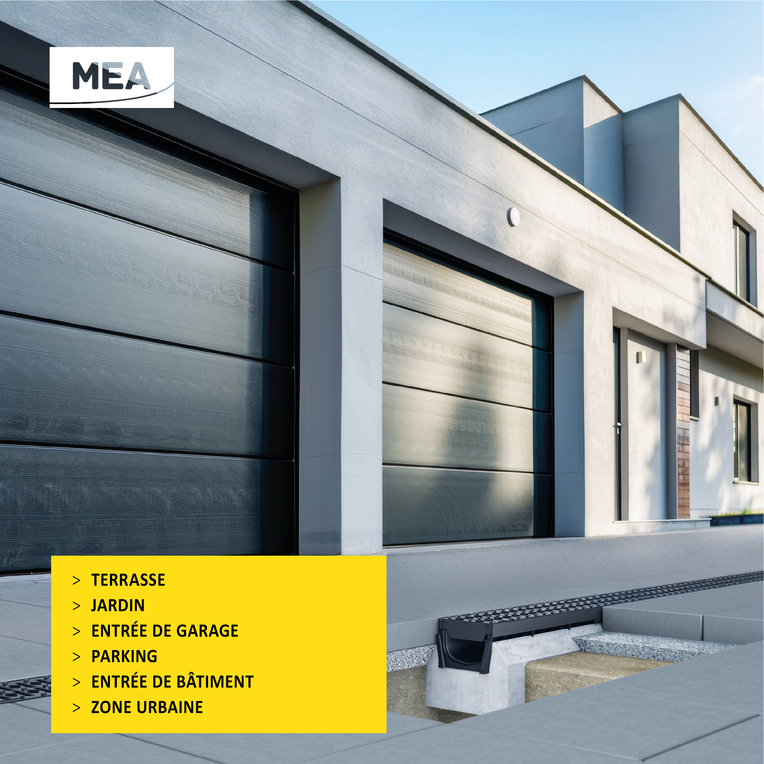 Caniveau MEAPARK en plastique recyclé avec grille polyamide de classe de charge B125 - design et discret - norme PMR - Adapté pour terrasse, jardin, entrée de garage, entrée de bâtiment, parking et zone urbaine. 