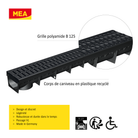 Caniveau MEAPARK en plastique recyclé avec grille polyamide de classe de charge B125 - design et discret - norme PMR - Adapté pour terrasse, jardin, entrée de garage, entrée de bâtiment, parking et zone urbaine. 