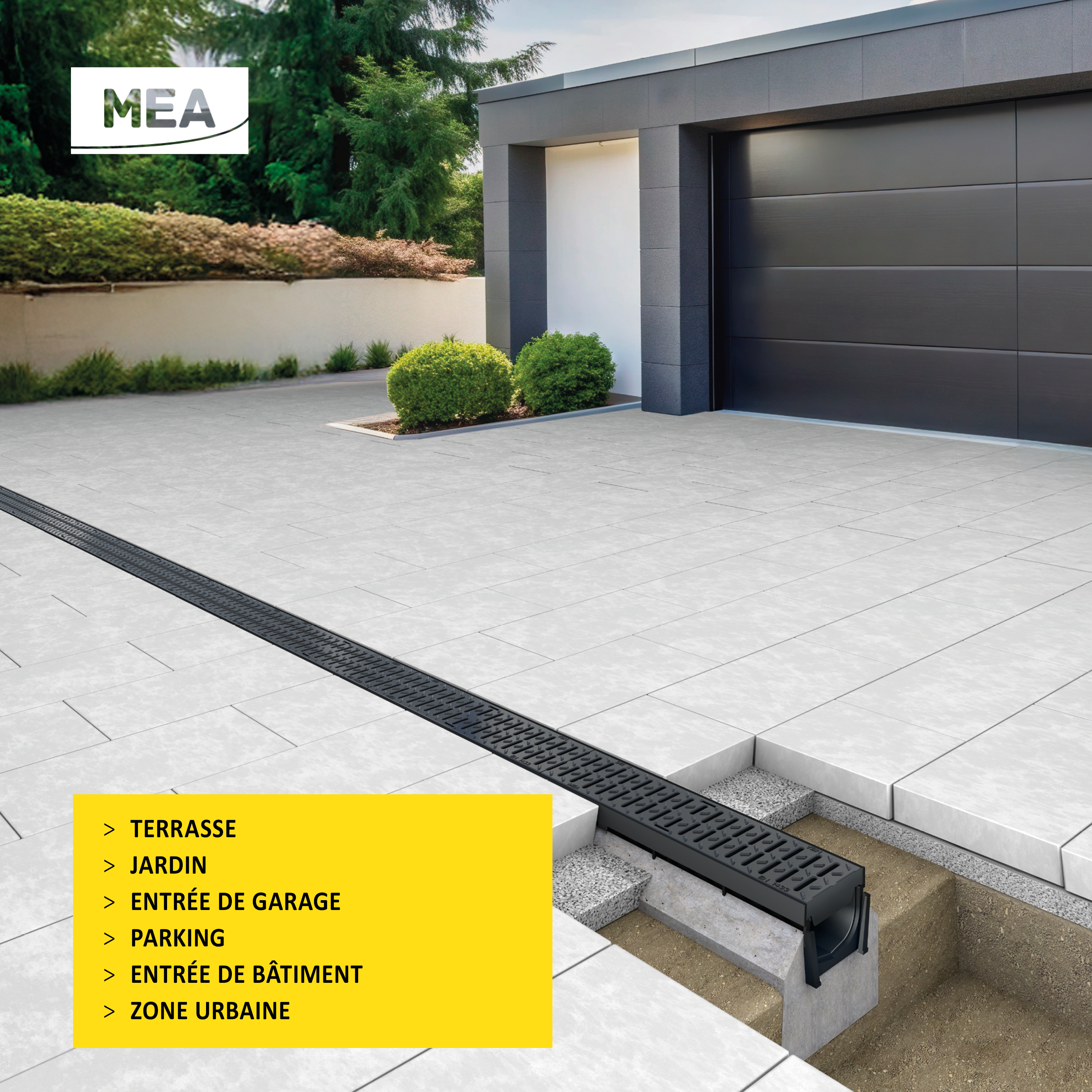 Caniveau MEAPARK en plastique recyclé avec grille polyamide de classe de charge B125 - design et discret - norme PMR - Adapté pour terrasse, jardin, entrée de garage, entrée de bâtiment, parking et zone urbaine. 