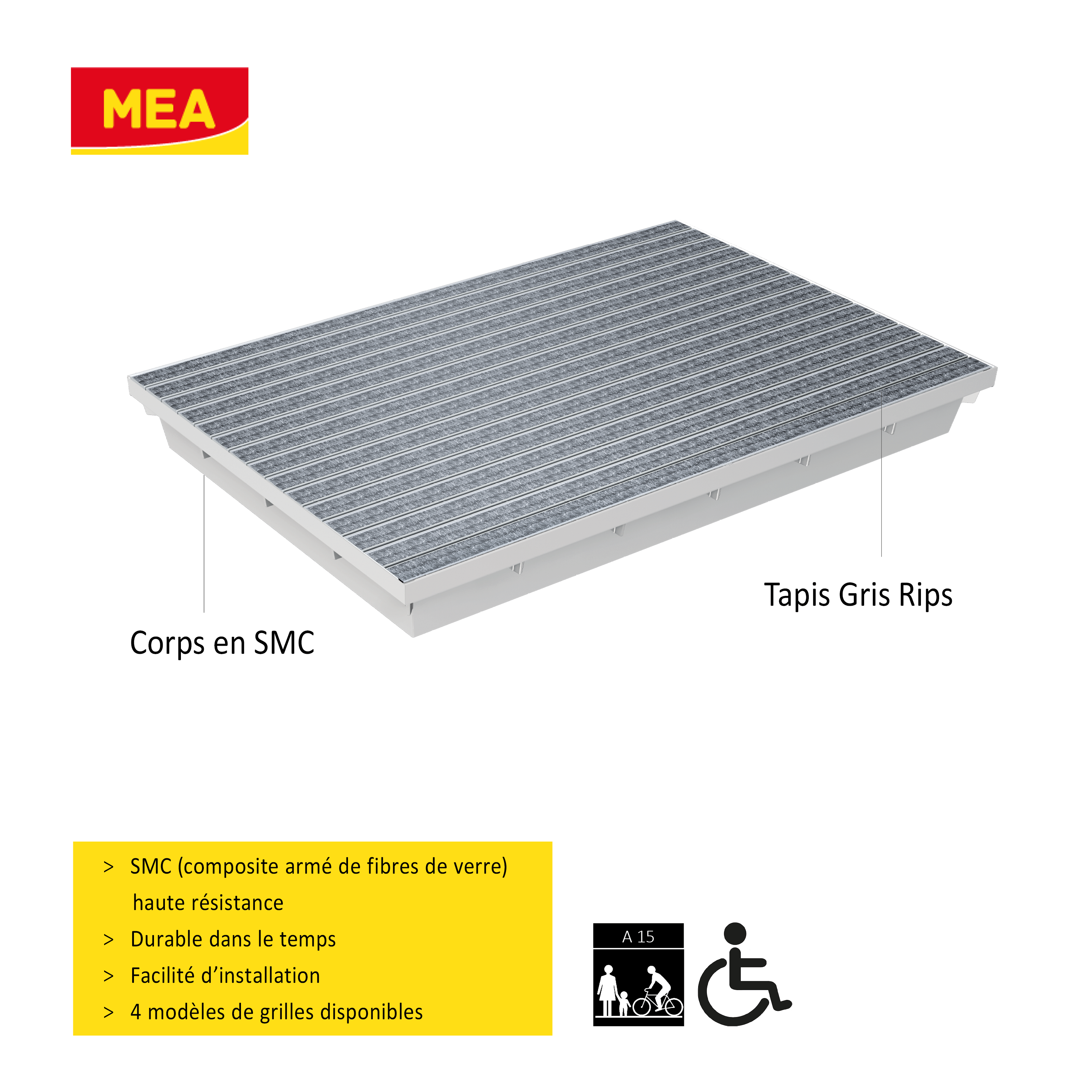 Paillassons encastrables en SMC avec tapis rips gris – solutions robustes et esthétiques pour entrées propres, adaptées aux environnements à fort passage. Norme PMR - classe de charge A15.