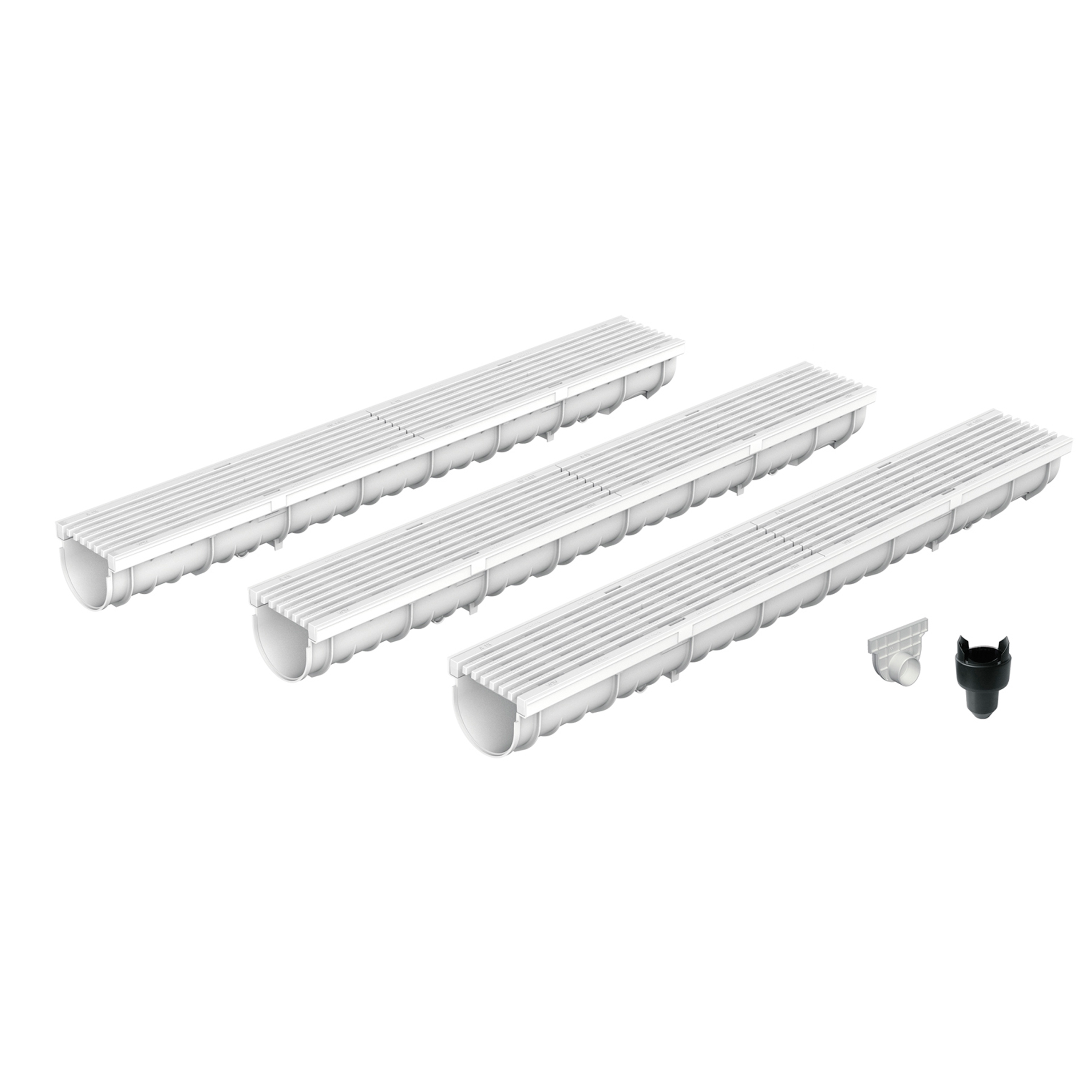 Pack de 3 caniveaux design  en SMC DECOLINE avec grille longitudinale en plastique recyclé grise. Classe de charge A15, norme PMR. Adaptés aux environnements avec couvertures de sols clairs - Résiste au gel, au sel et produits chimiques.