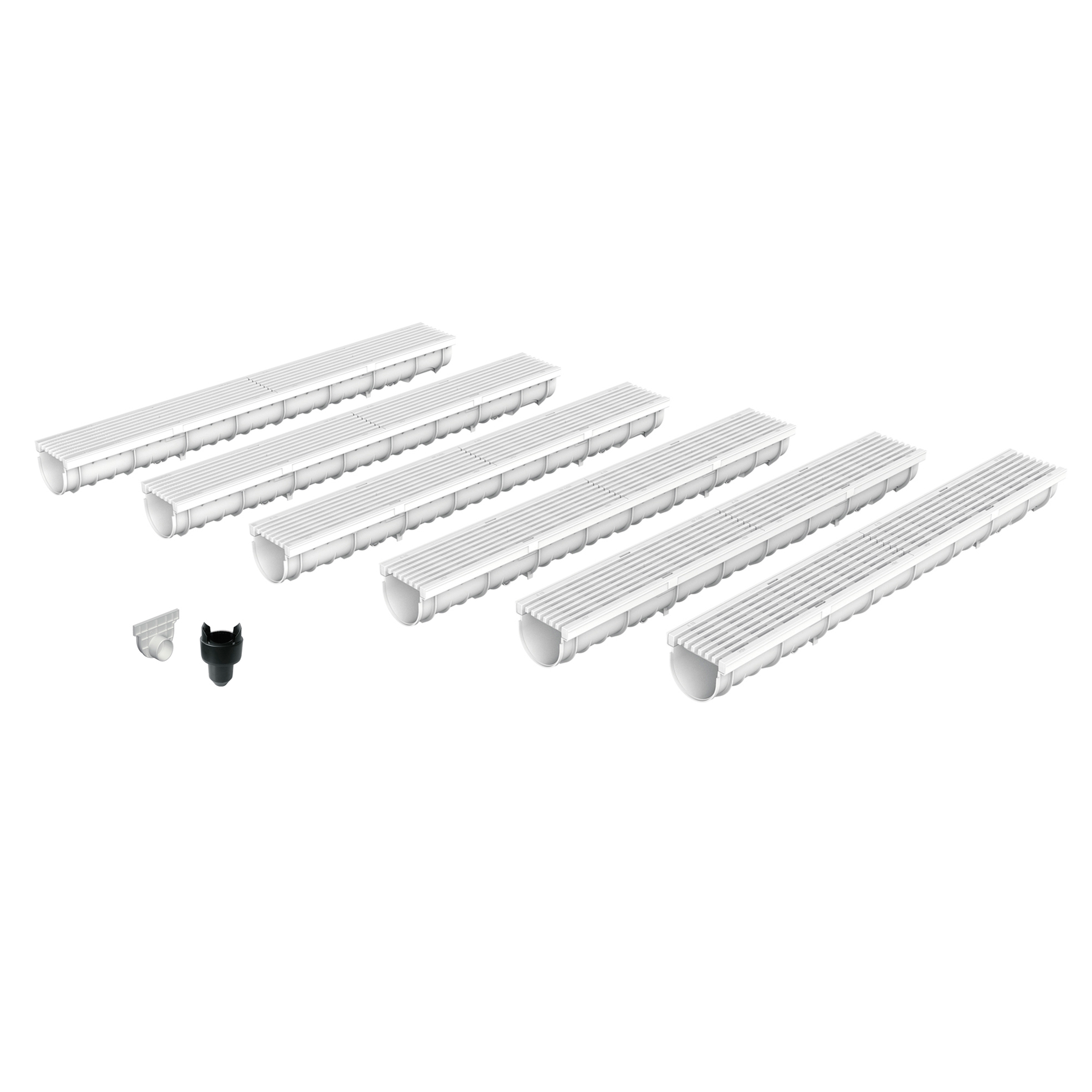 Pack de 6 caniveaux design  en SMC DECOLINE avec grille longitudinale en plastique recyclé grise. Classe de charge A15, norme PMR. Adaptés aux environnements avec couvertures de sols clairs - Résiste au gel, au sel et produits chimiques.
